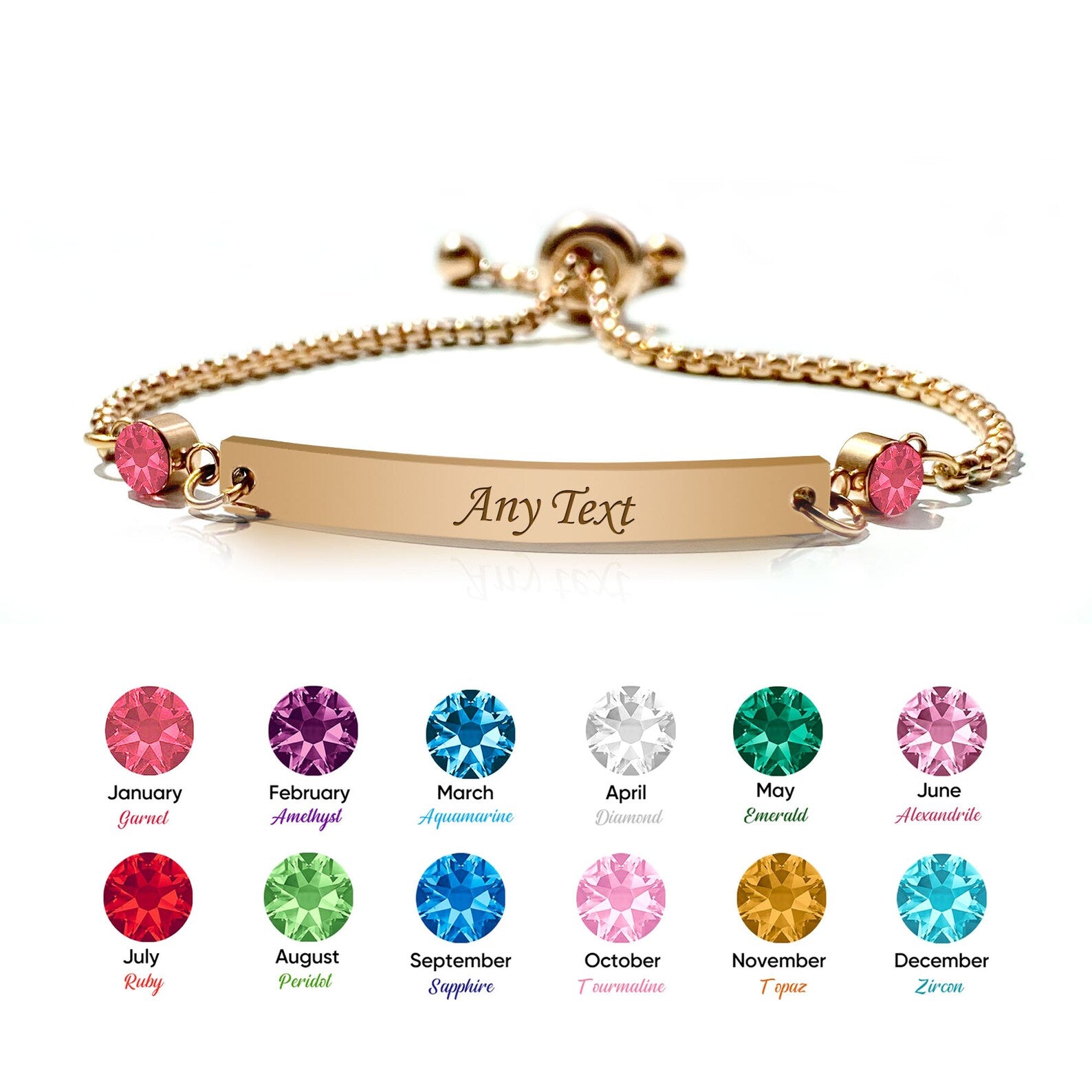 18K gold name bar bracelet on white beside a chart of 12 monthly birthstone colors from January to December