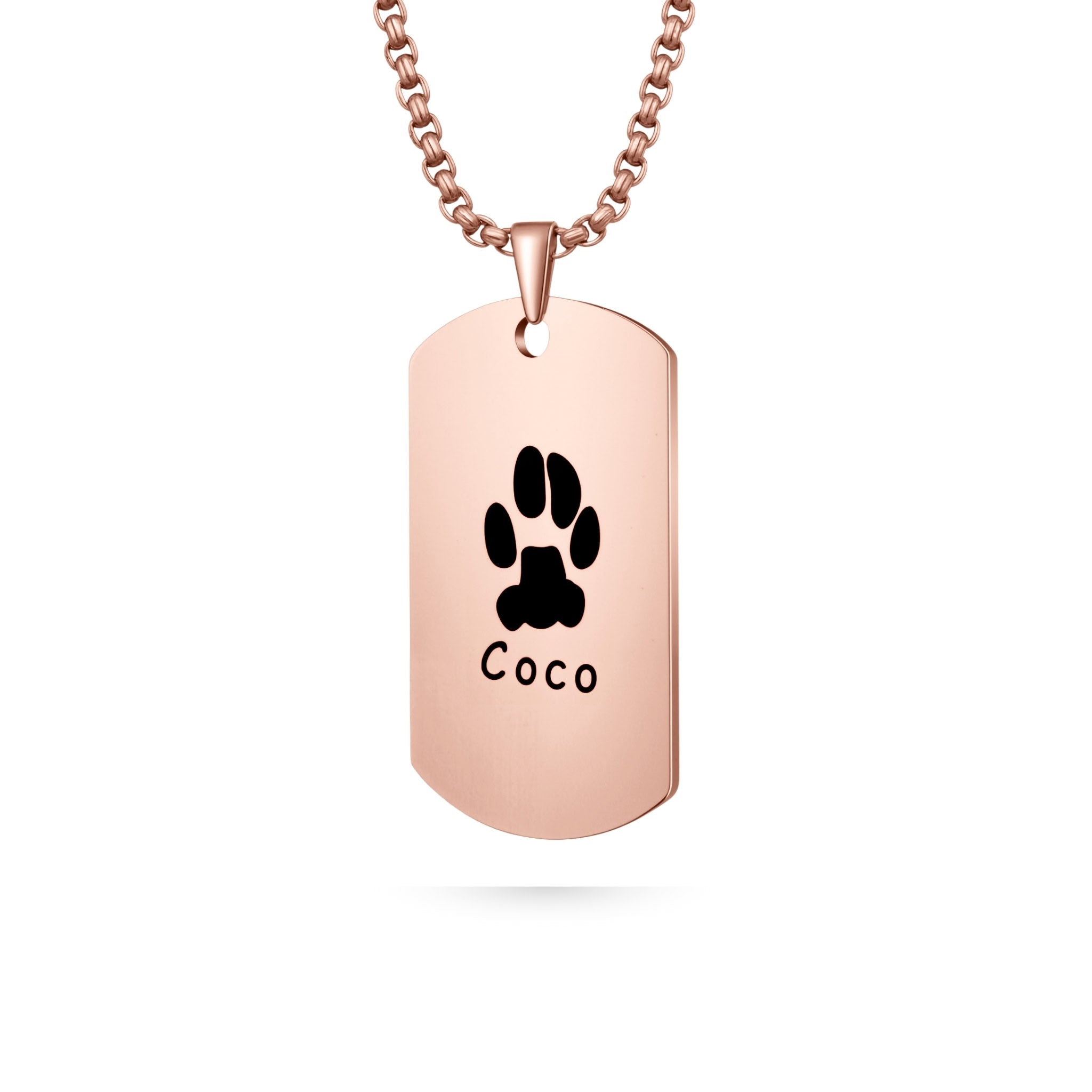 Rose gold dog tag shaped pendant necklace with laser-engraved paw print on white background