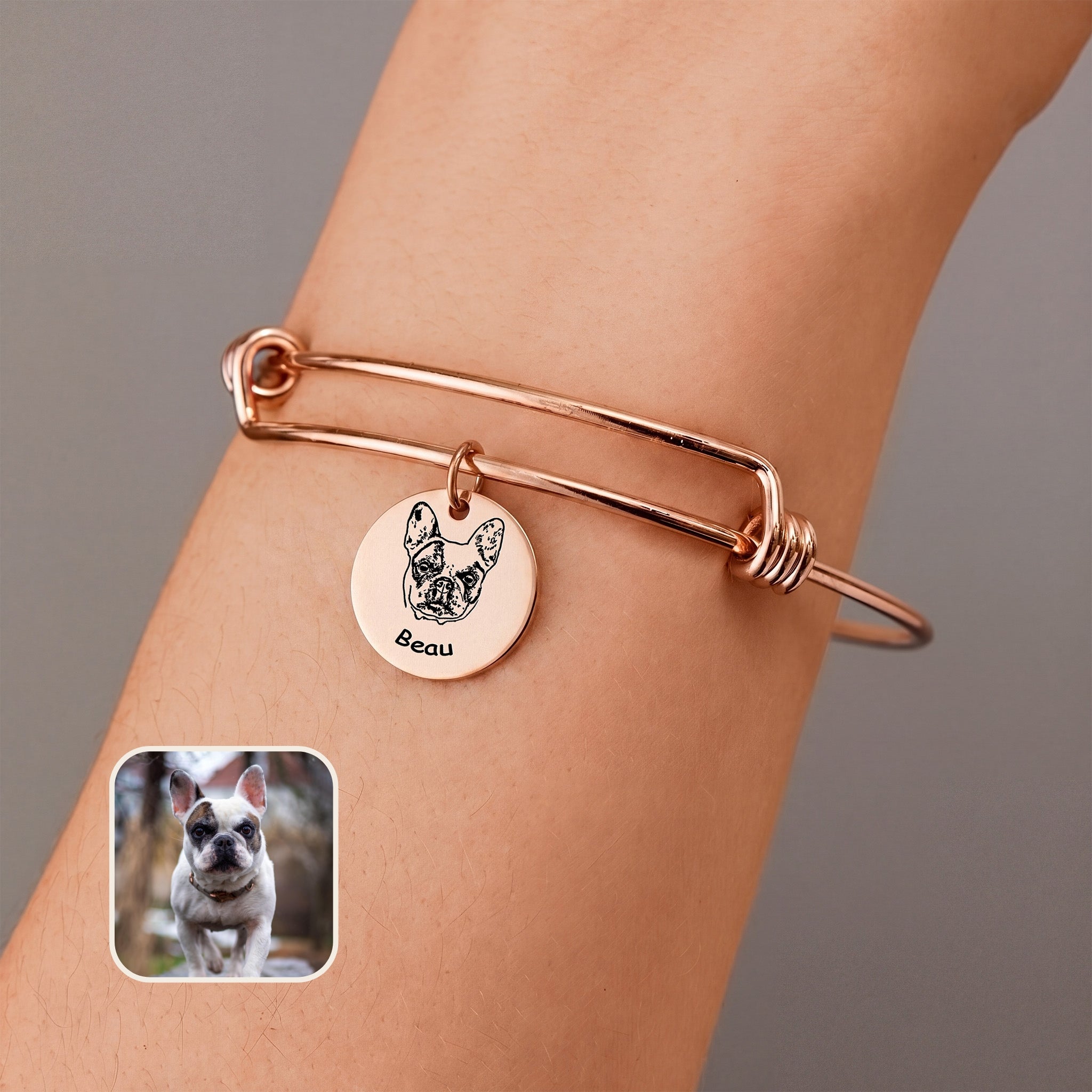 18K rose gold pet photo disc wire bracelet with one hand-drawn portrait charm, worn on the wrist