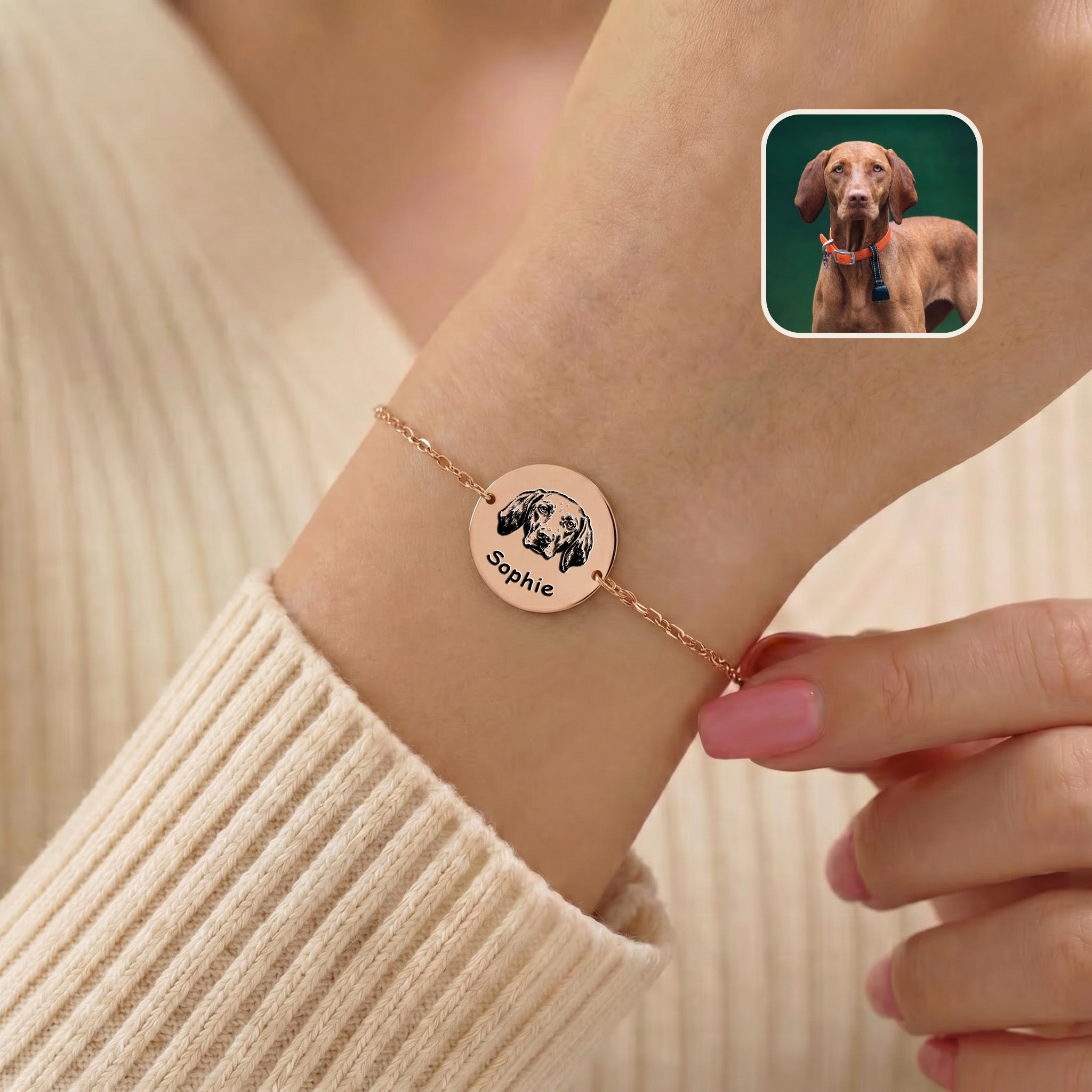 18K rose gold-plated pet portrait chain bracelet on a wrist, hand-drawn dog portrait and name on a 25 mm disc charm, with inset reference photo