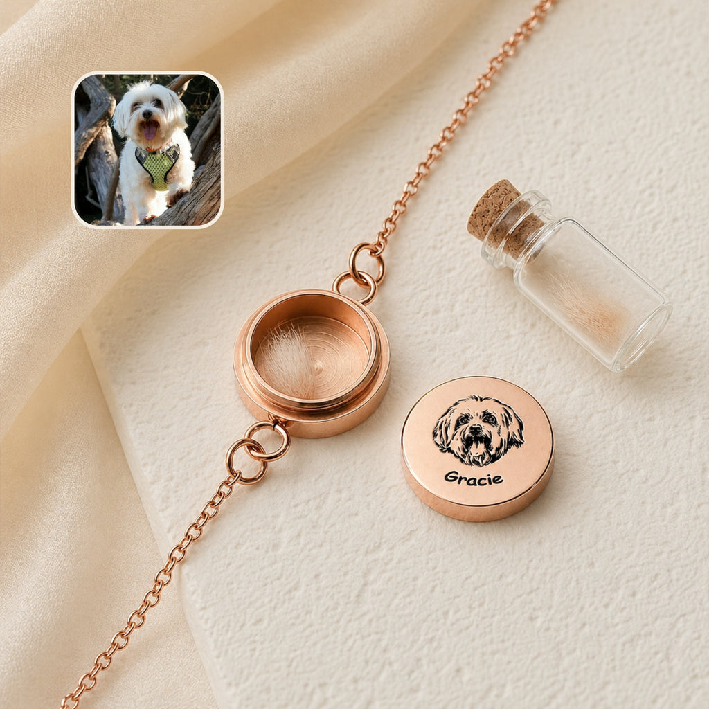 Open rose gold pet locket bracelet showing the open chamber, hand-drawn portrait on the screw-off lid