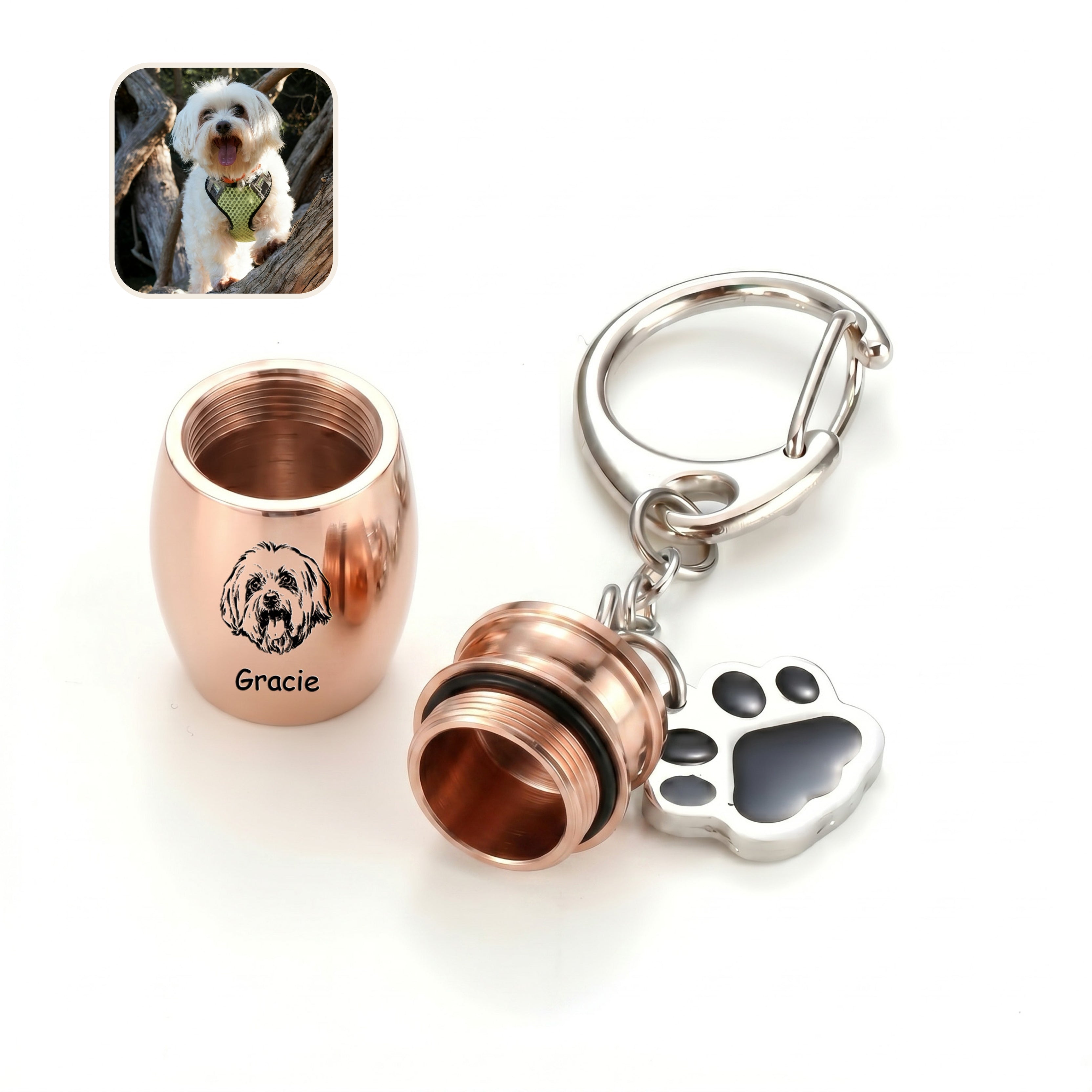 18k rose gold pet urn keychain shown with the screw cap opened to reveal the inner chamber, paw-print side charm alongside the capsule, a small dog reference photo inset