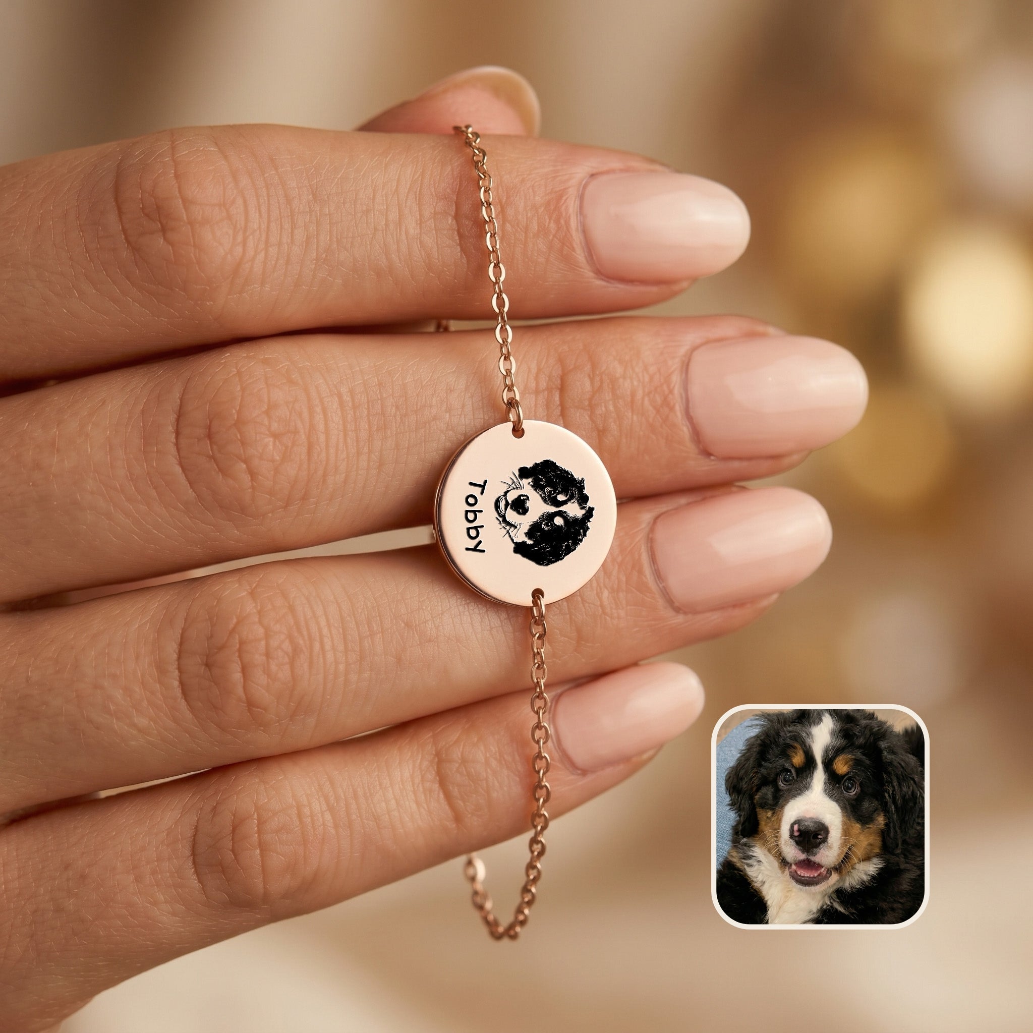 Rose gold chain bracelet held in hand showing hand-drawn dog portrait and name on disc charm, with inset Bernese Mountain Dog photo