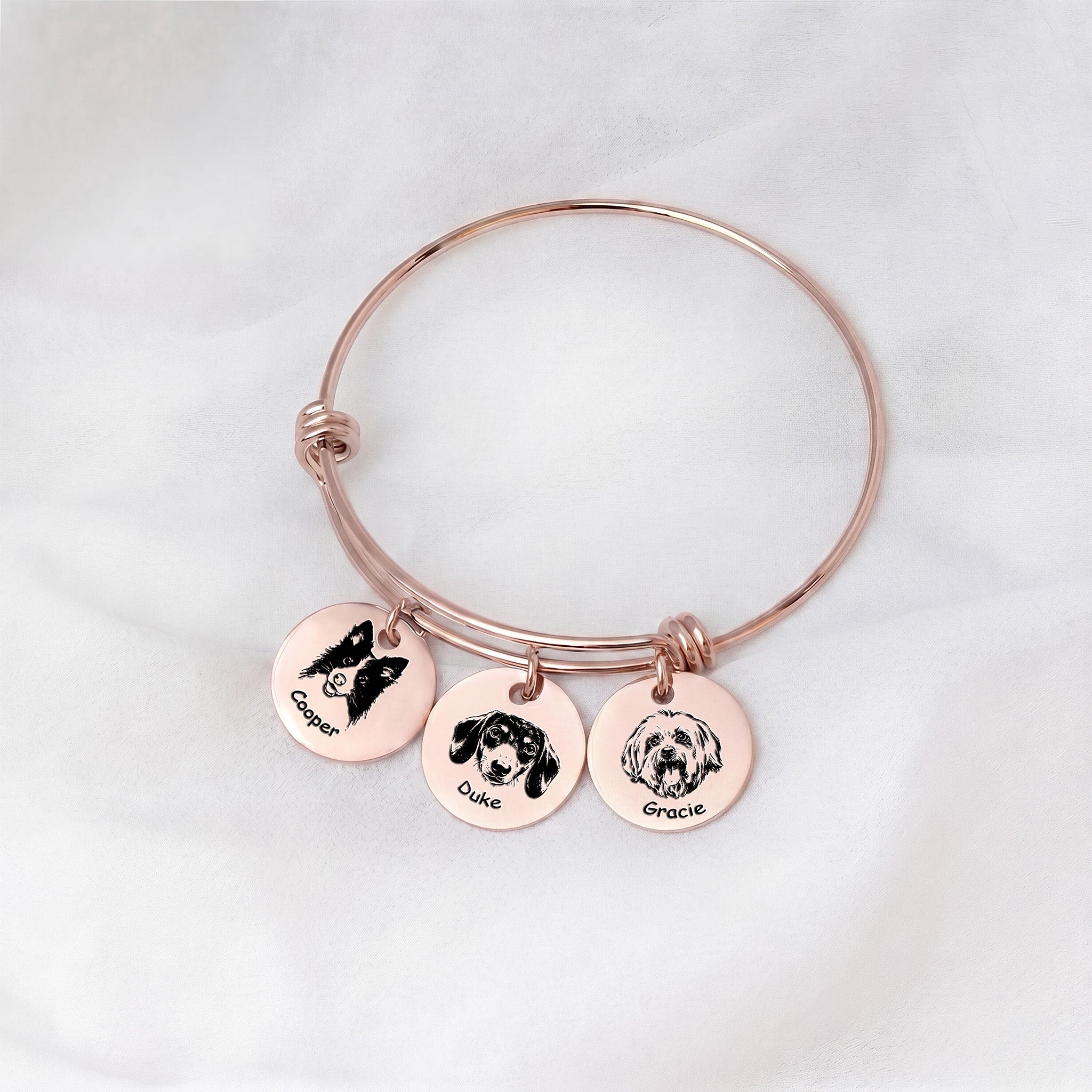 18K rose gold pet photo bracelet with three engraved disc charms for three pets
