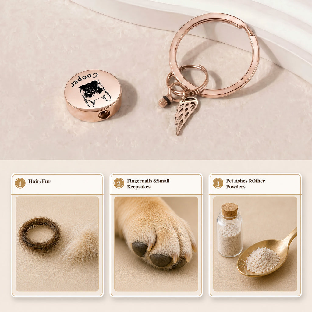 18k rose gold-plated pet cremation disc keychain shown with the screw-top disc opened, beside labeled keepsake-material reference cards demonstrating the inner chamber for hair, fur, keepsakes, or ashes-powders