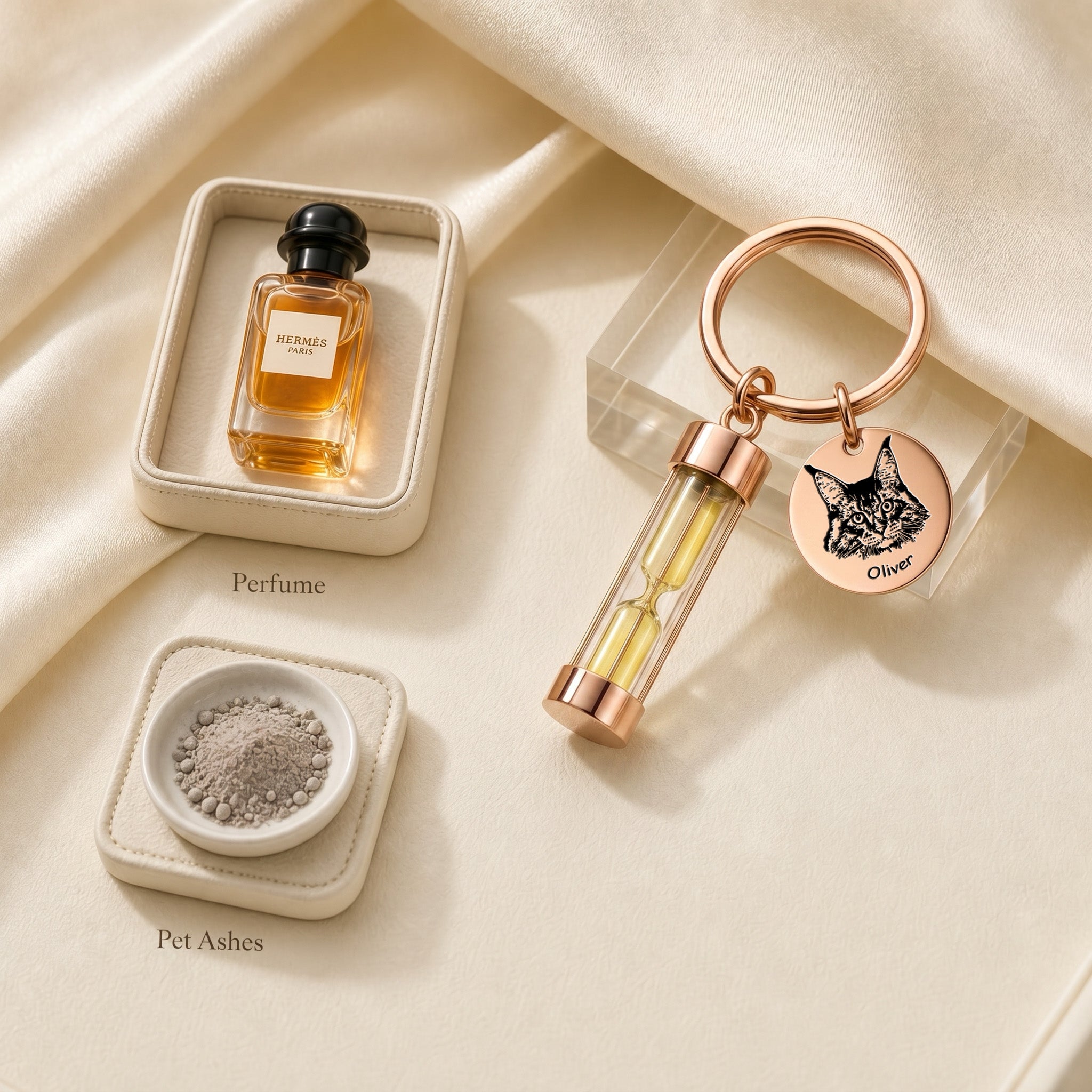 18k rose gold-plated pet portrait hourglass keychain displayed beside Hermes perfume and pet ashes bowl showing the ashes filling concept, with engraved cat portrait disc