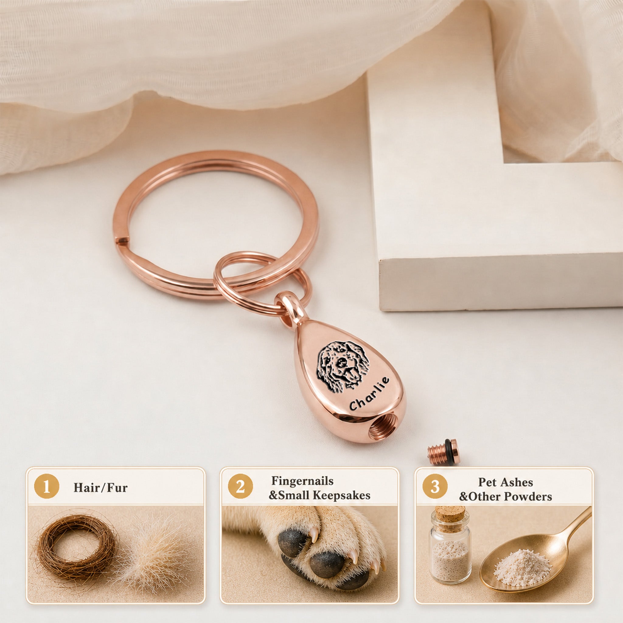 18k rose gold-plated pet portrait ashes teardrop keychain shown with the screw-cap open above three labeled use panels demonstrating the keepsake chamber for fur, ashes, or a folded note