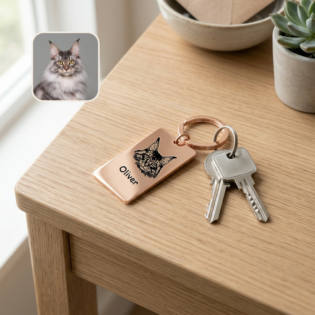 18k rose gold pet portrait plate keychain on a wooden desk beside house keys, cat reference photo inset showing the portrait engraving