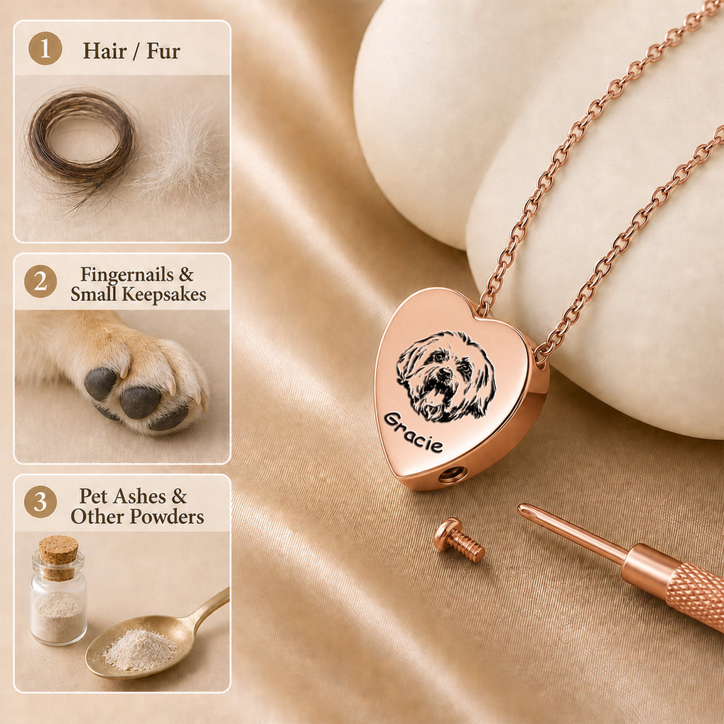 18k rose gold heart urn necklace flat lay showing keepsake options — hair, fingernails, pet ashes