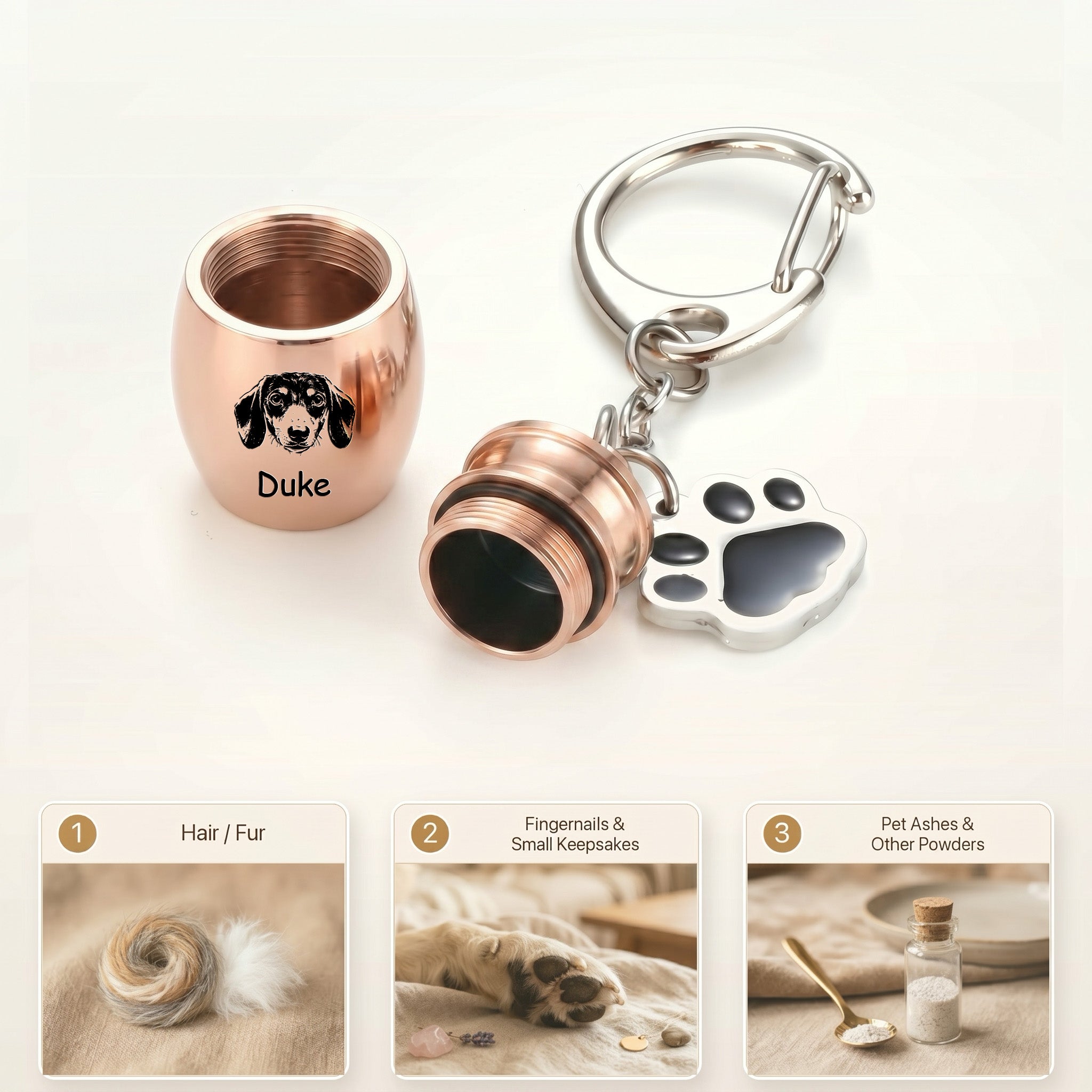 18k rose gold pet urn keychain infographic with three labeled keepsake-use cards beneath, showing the chamber sized for ashes, fur, or small keepsakes