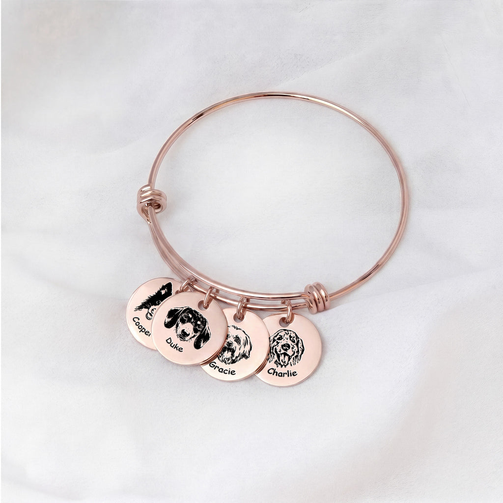 18K rose gold multi-pet wire bracelet with four engraved disc charms