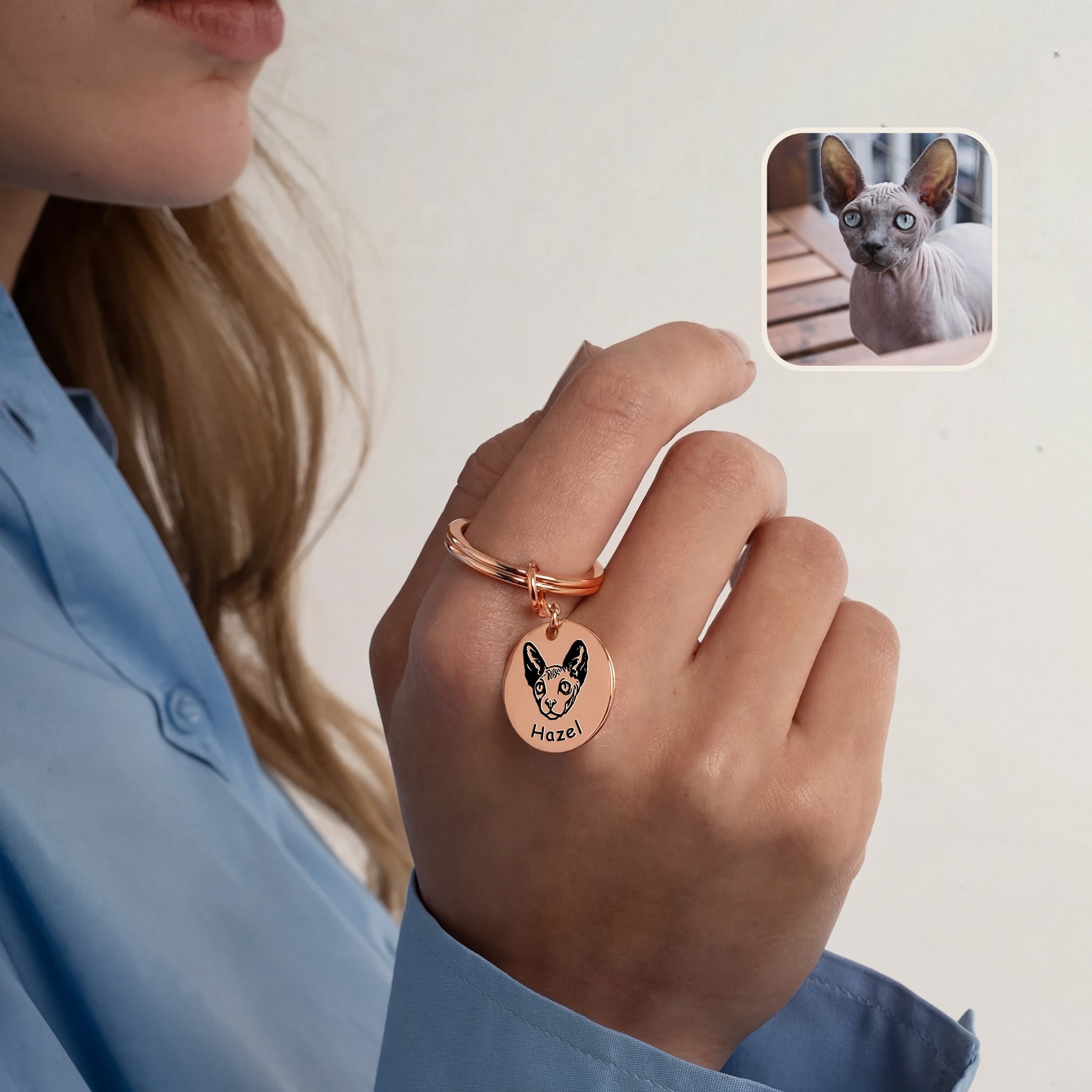 18k rose gold pet face keychain close-up engraving detail