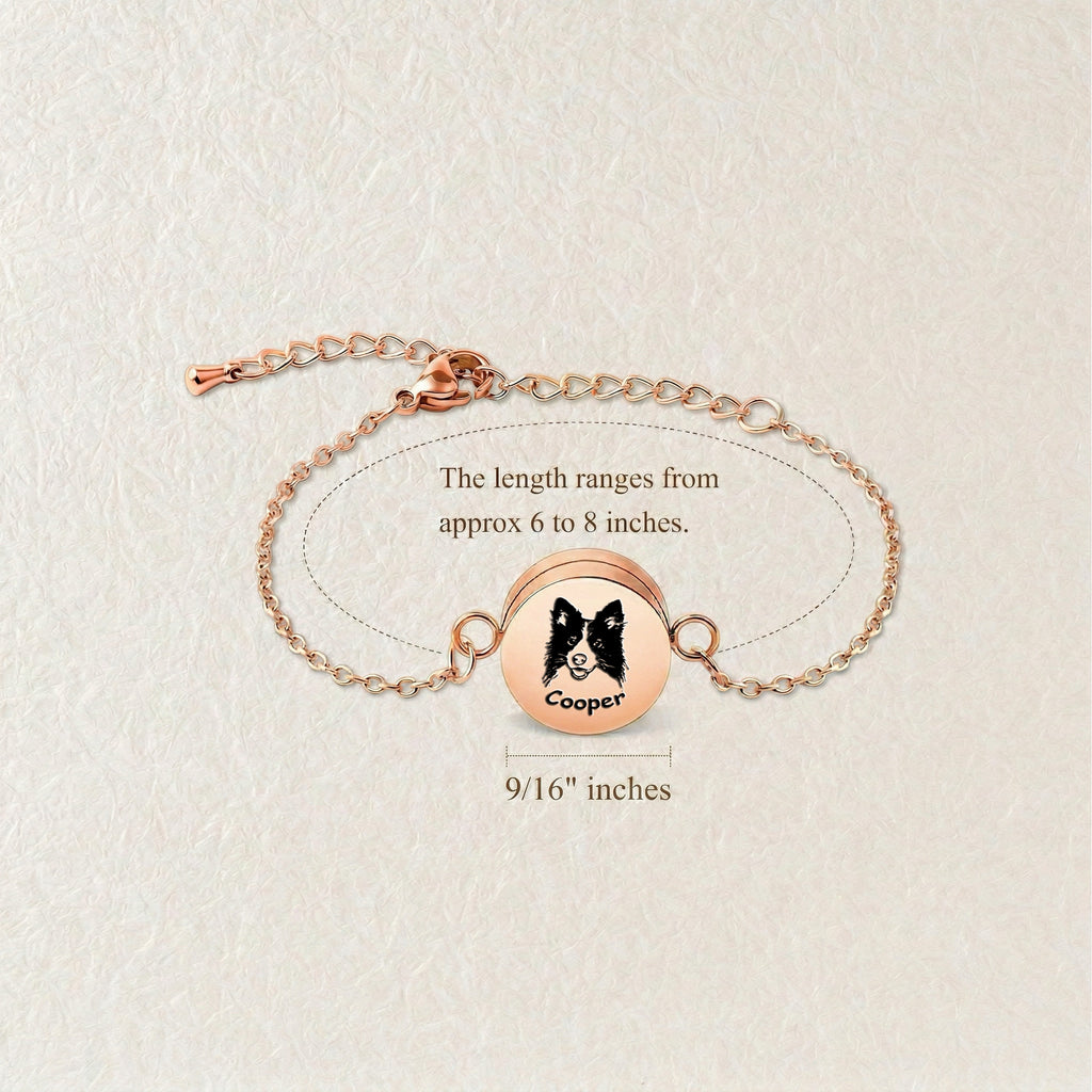 Rose gold pet locket bracelet size diagram with 15mm disc and adjustable chain measurements