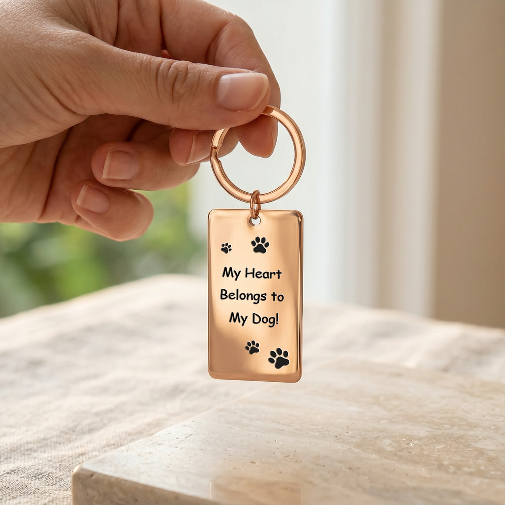 Hand holding a rose gold plate keychain in warm light, text and paw print motif engraved on the rectangular steel plate