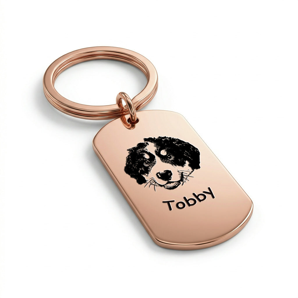 18K rose gold pet portrait dog tag keychain isolate on pure white, hand-drawn engraving detail