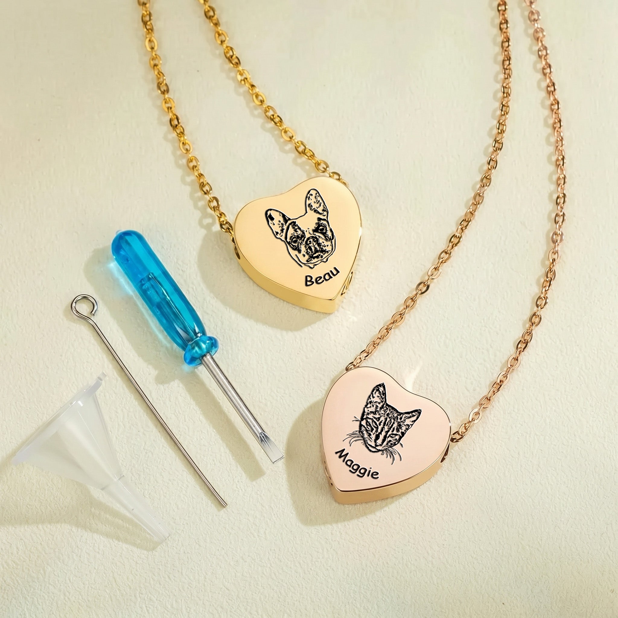 Man wearing 18k rose gold pet photo heart urn necklace over cream sweater with pet photo reference inset