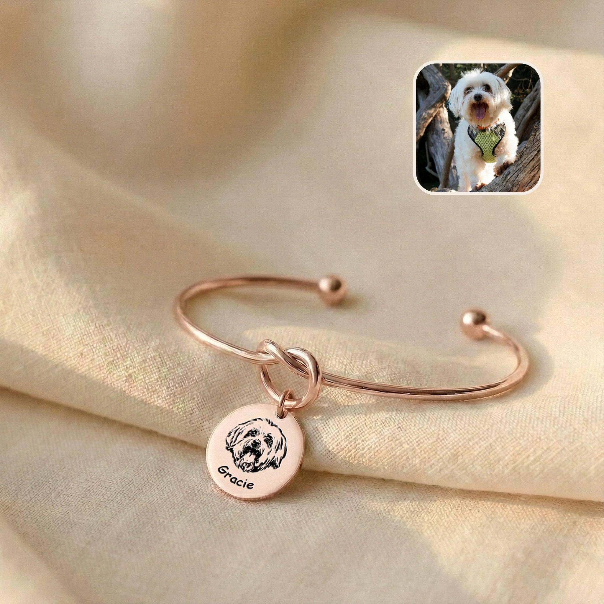 Rose gold knot cuff bracelet with engraved Maltese dog portrait disc charm on cream linen, with reference photo inset