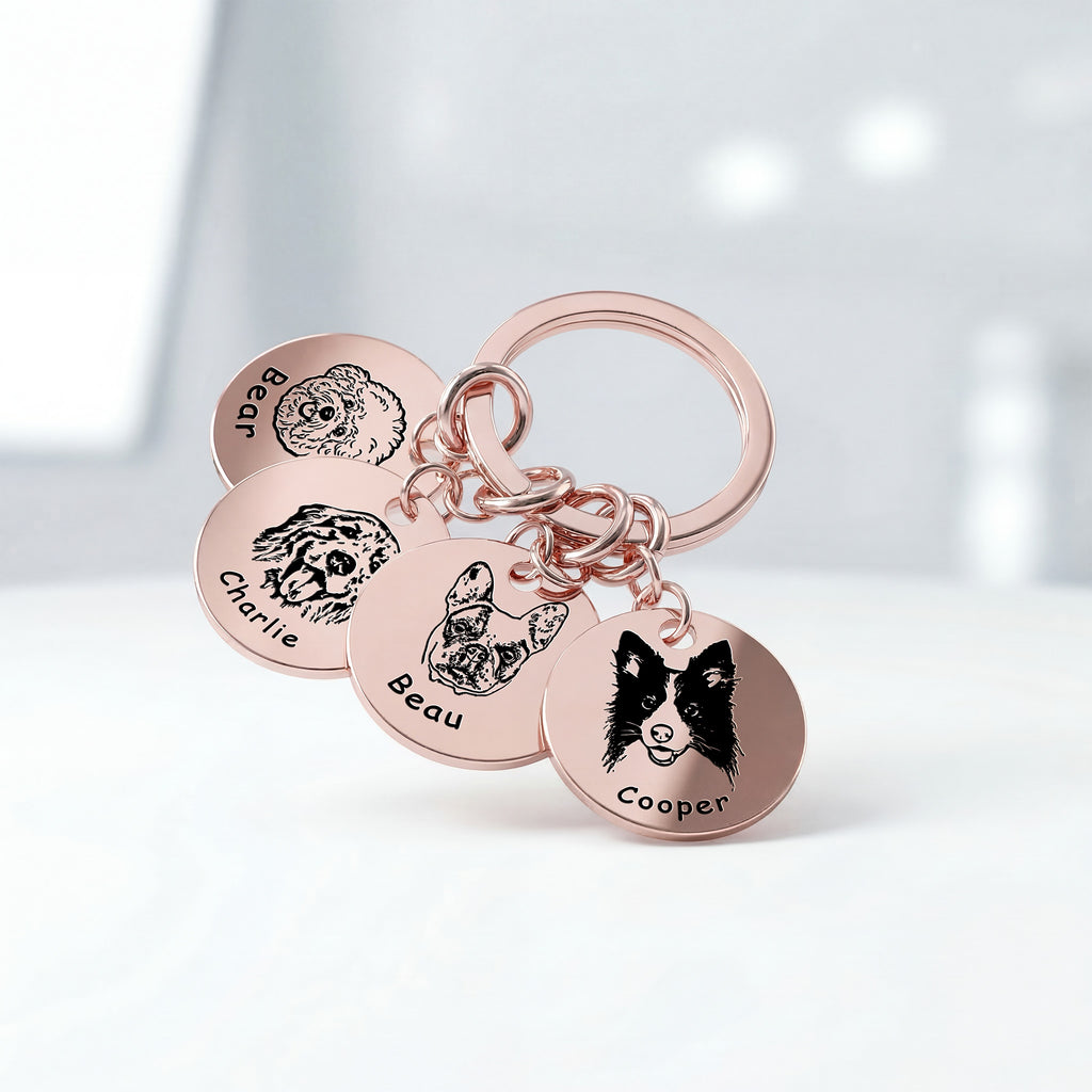 18k rose gold pet face keychain flat-lay styling alongside accessories