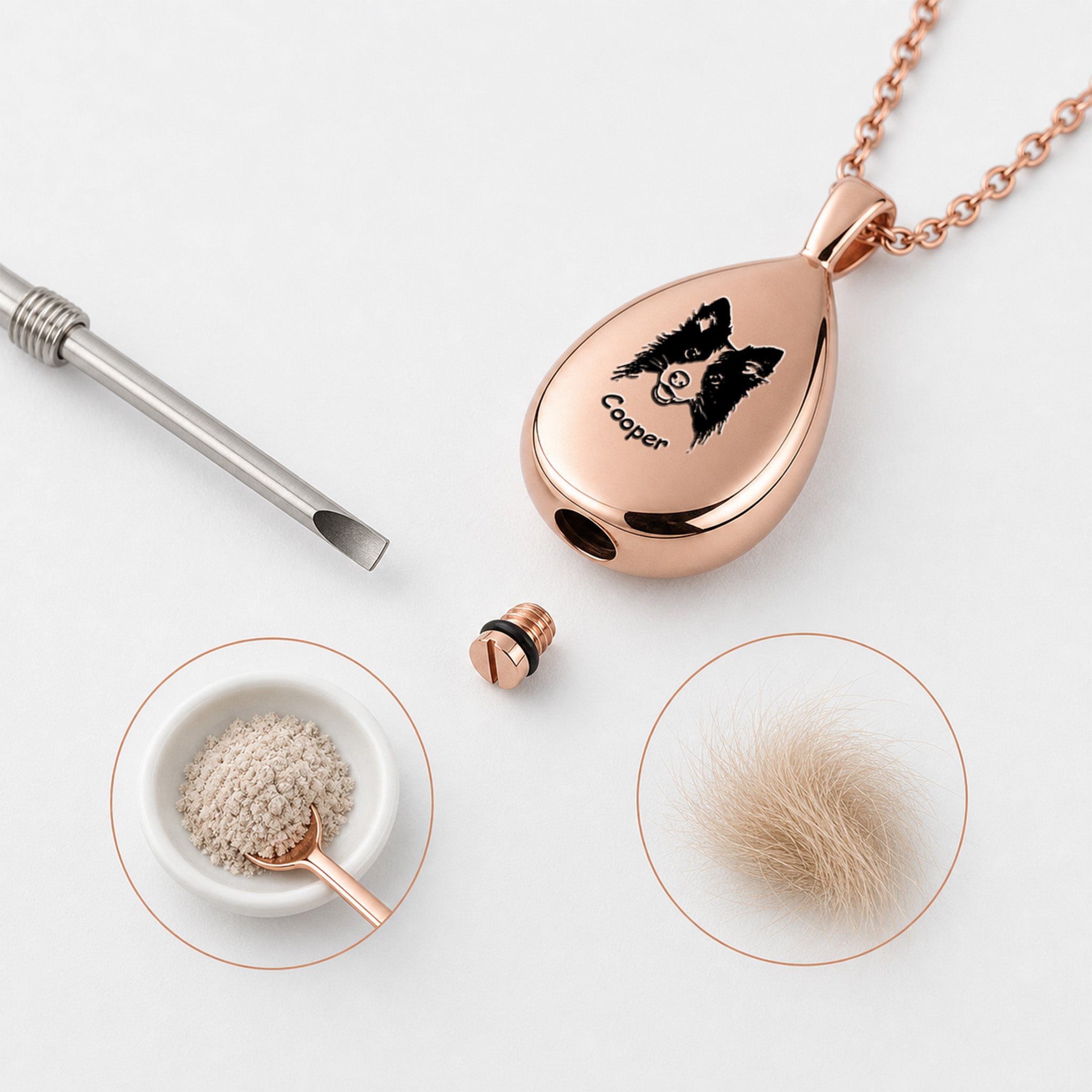 Rose gold teardrop pet urn pendant, clean product view on light background