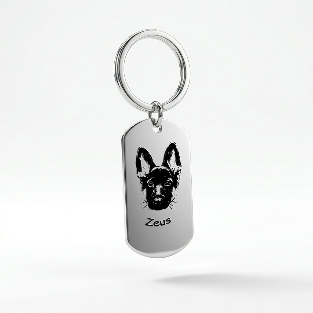 Rhodium plated pet portrait dog tag keychain floating on white background with soft shadow, product detail