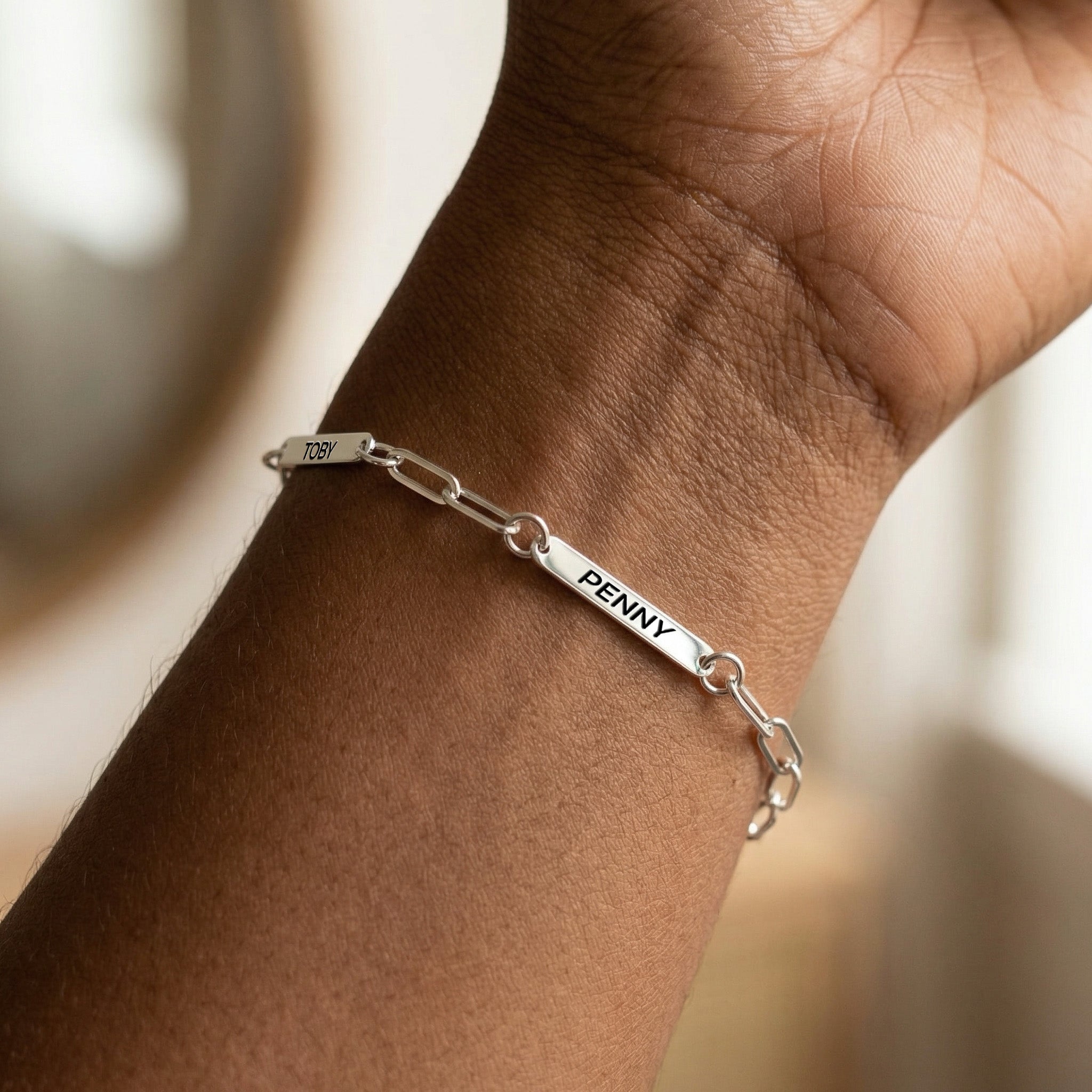 Silver rhodium paperclip chain pet name bracelet with engraved name bars worn on a wrist