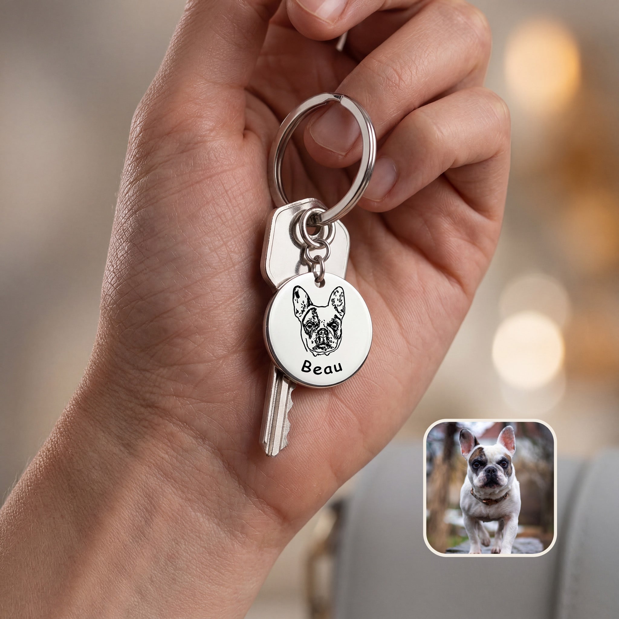 Rhodium pet face keychain held in hand showing engraved portrait detail