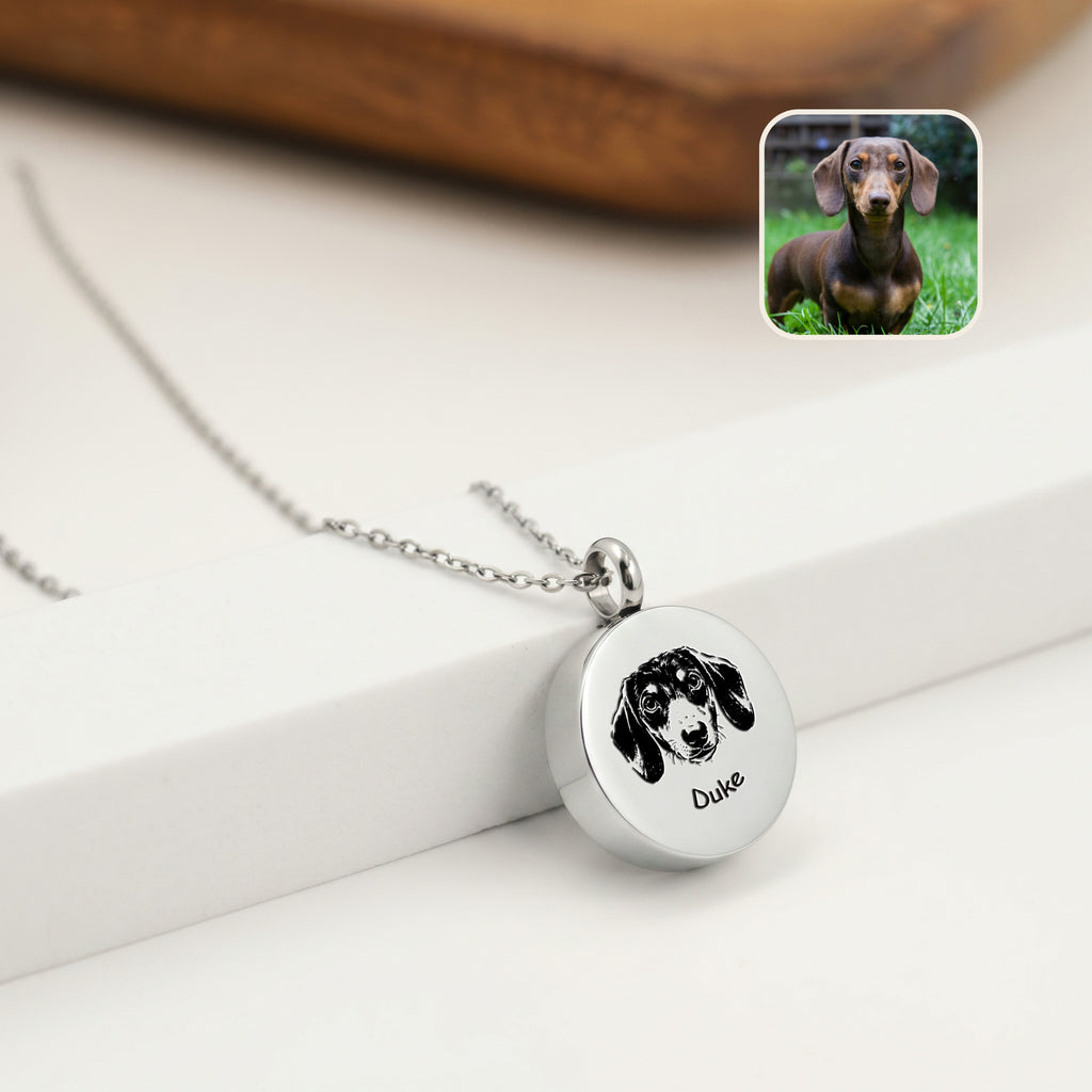 Rhodium pet ashes necklace with hand-drawn dachshund portrait on disc urn pendant