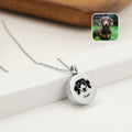 Rhodium pet ashes necklace with hand-drawn dachshund portrait on disc urn pendant