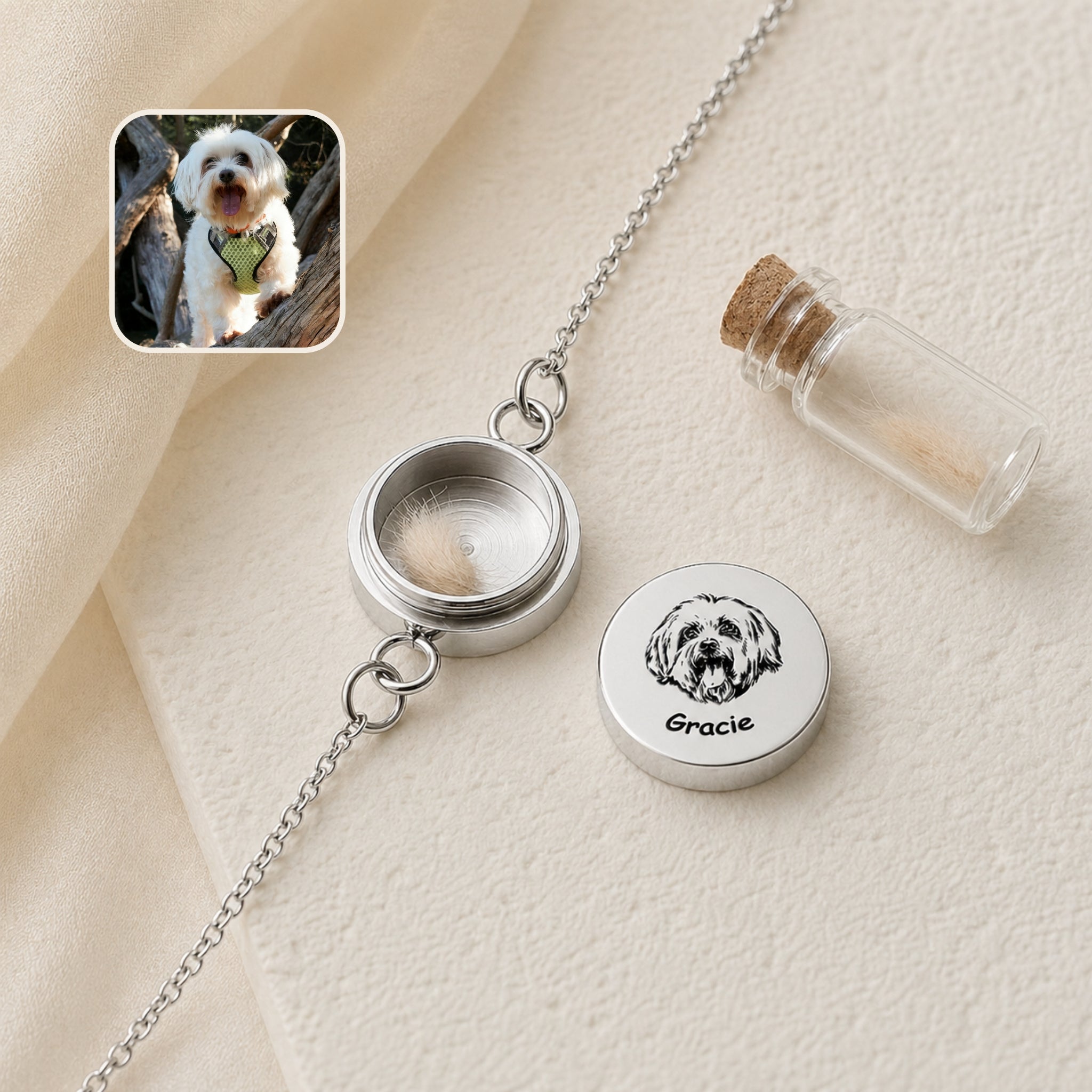 Open rhodium silver pet locket bracelet showing the open chamber, hand-drawn portrait on the screw-off lid