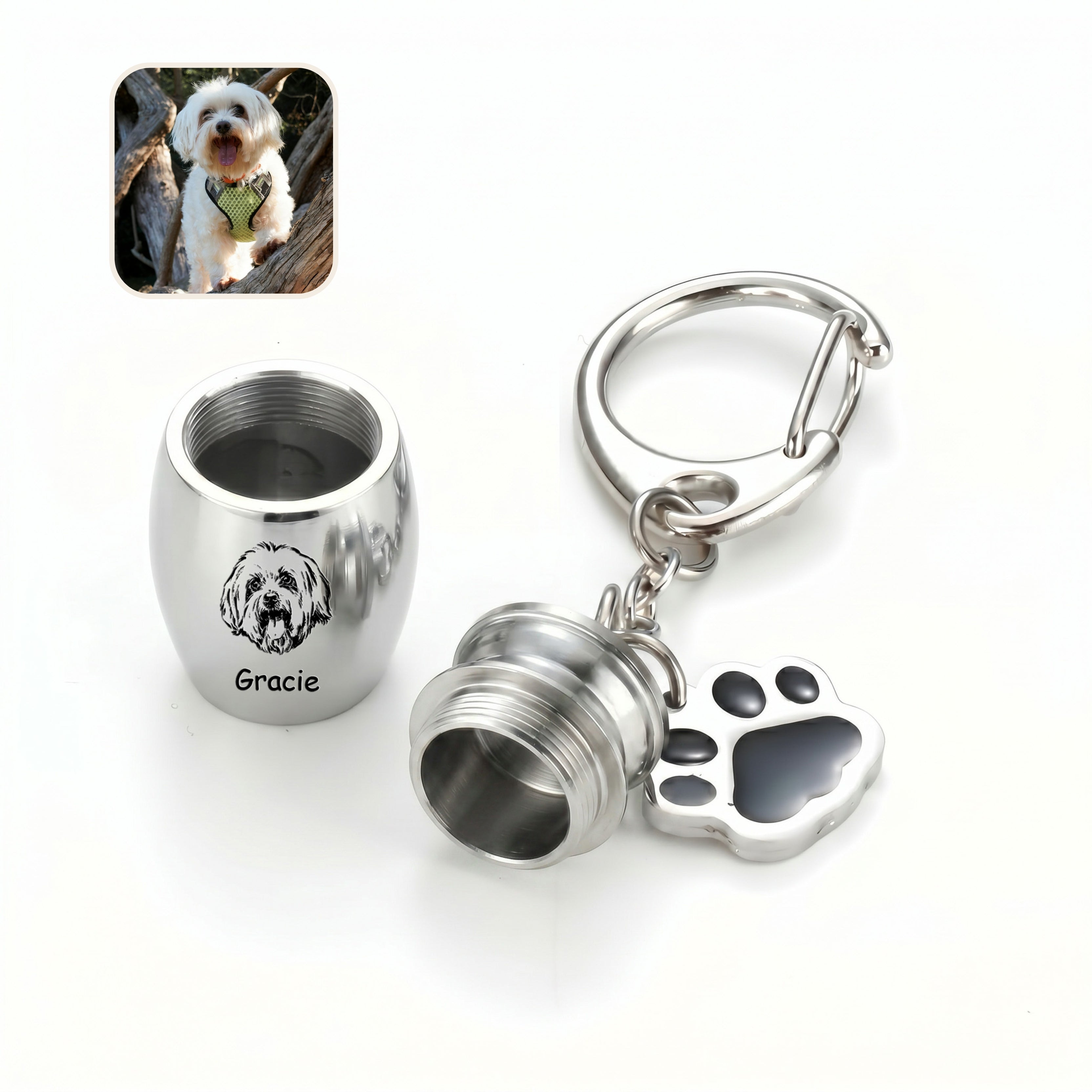 Rhodium pet urn keychain shown with the screw cap opened to reveal the inner chamber, paw-print side charm alongside the capsule, a small dog reference photo inset