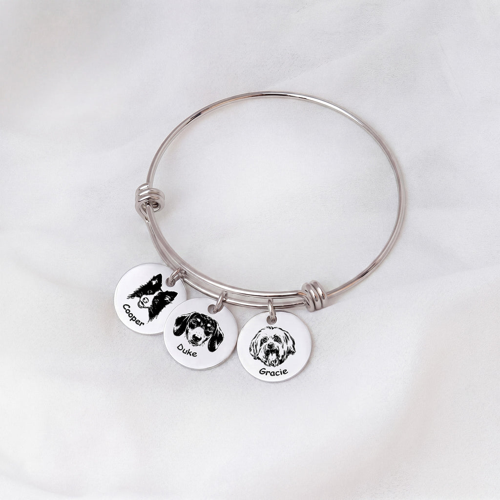 Rhodium silver pet photo bracelet with three engraved disc charms for three pets