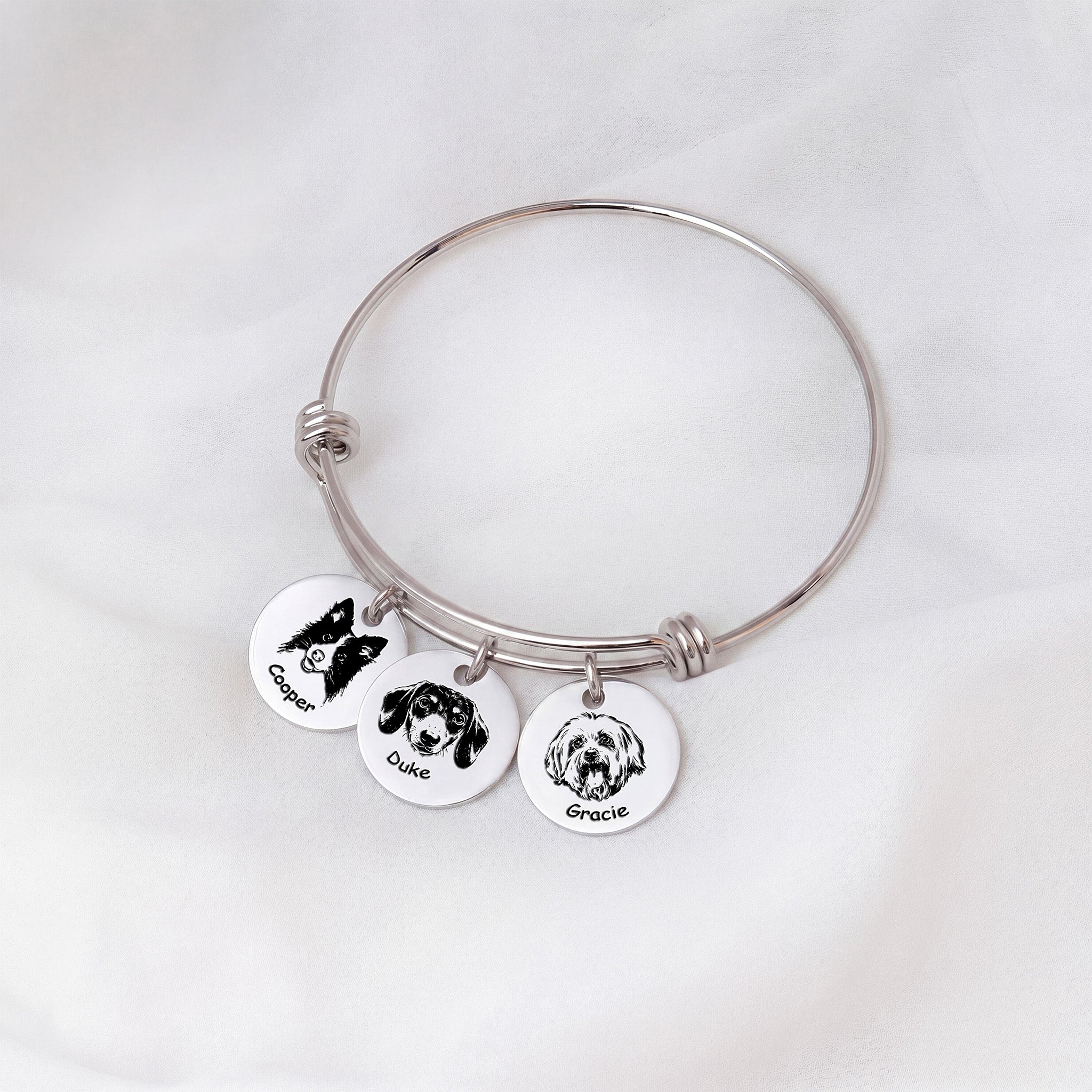 Rhodium silver pet photo bracelet with three engraved disc charms for three pets
