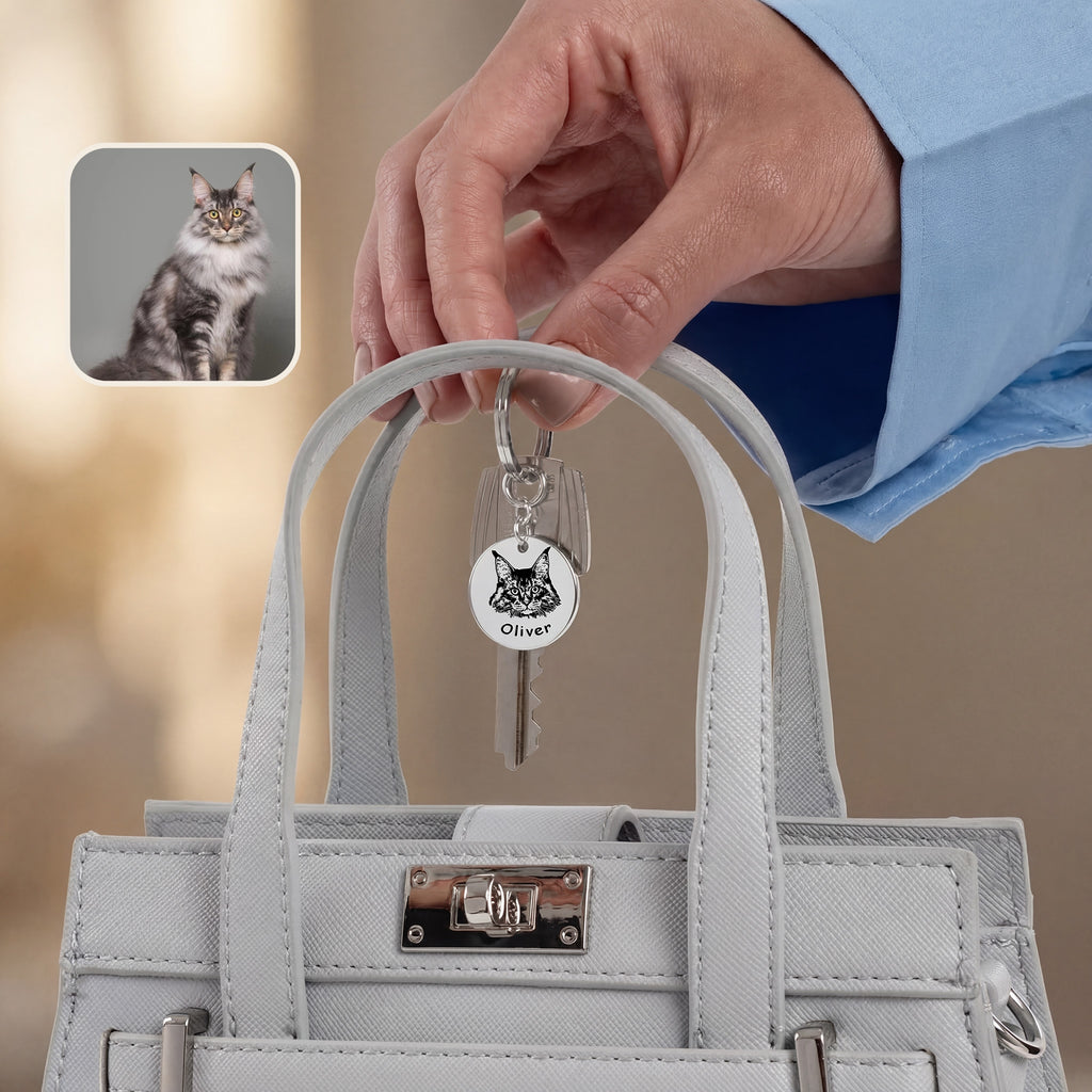 Rhodium pet face keychain clipped to keys — daily-carry lifestyle shot