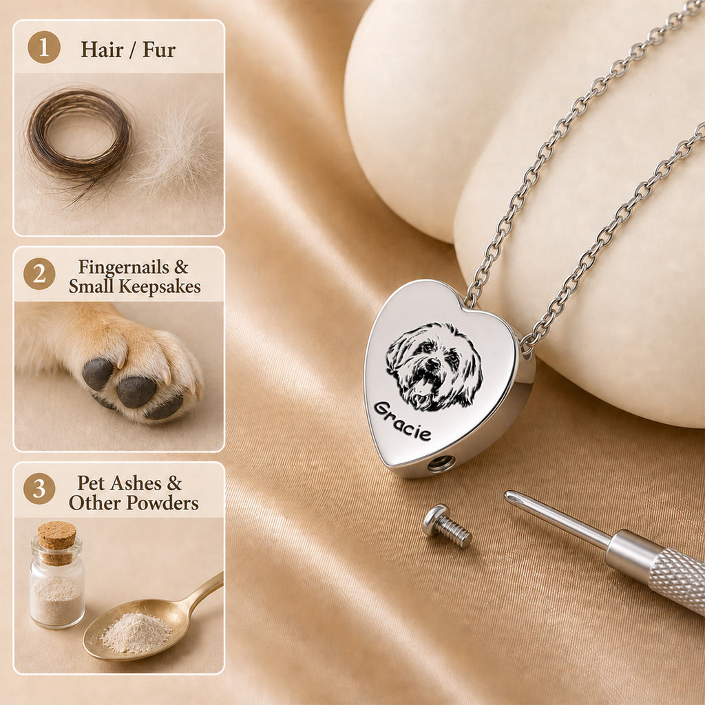 Rhodium heart urn necklace flat lay showing what fits inside — hair and fur, fingernails and keepsakes, pet ashes