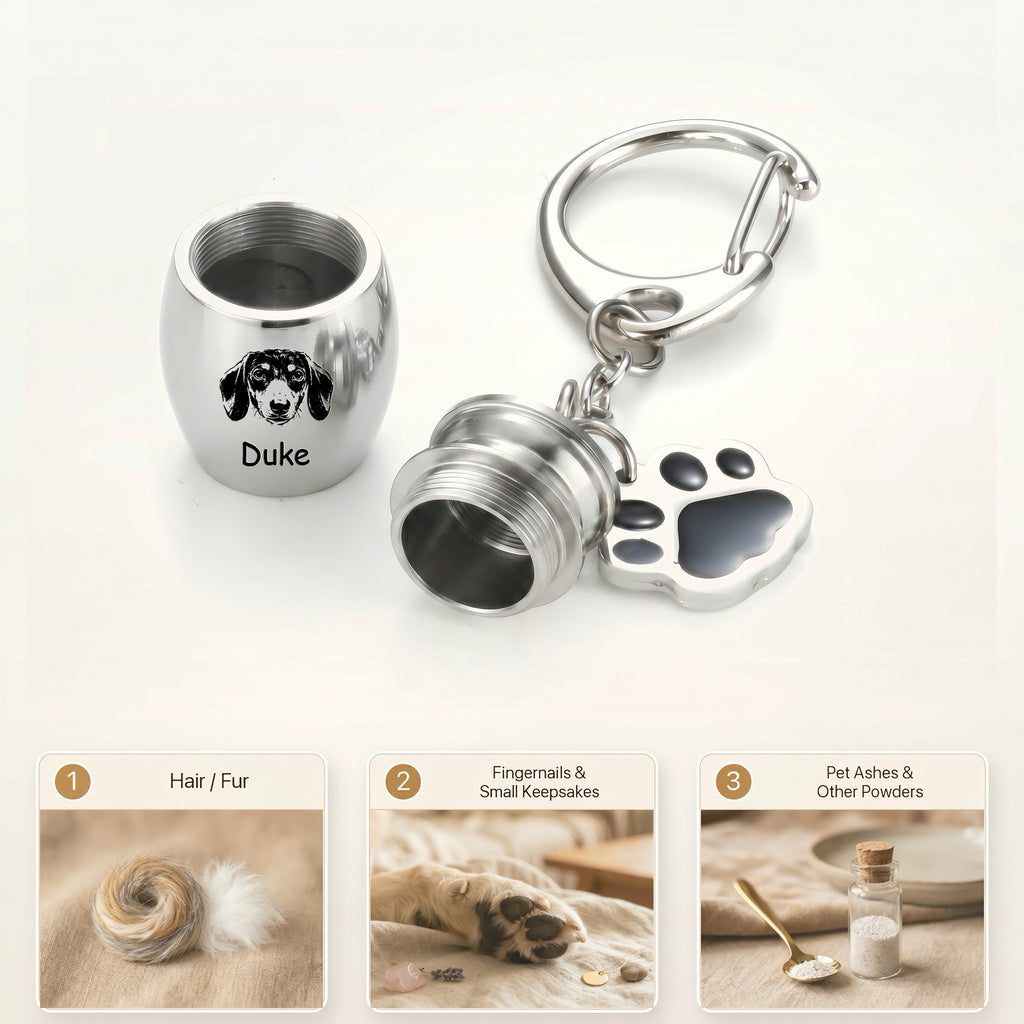 Rhodium pet urn keychain infographic with three labeled keepsake-use cards beneath, showing the chamber sized for ashes, fur, or small keepsakes