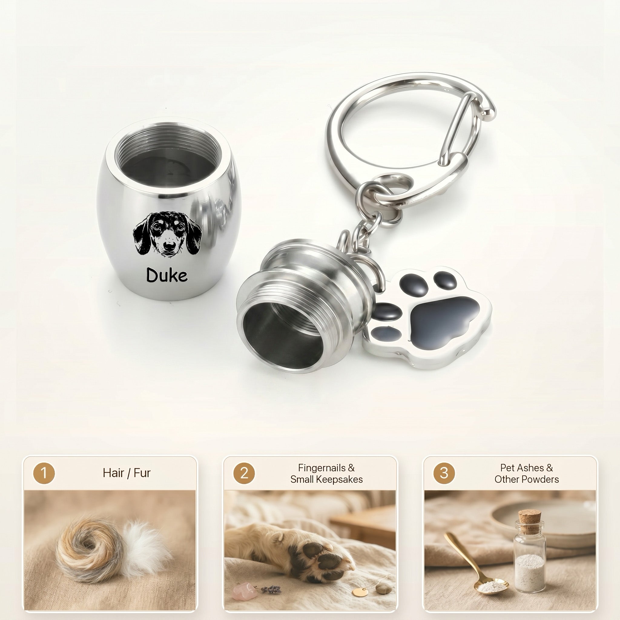 Rhodium pet urn keychain infographic with three labeled keepsake-use cards beneath, showing the chamber sized for ashes, fur, or small keepsakes