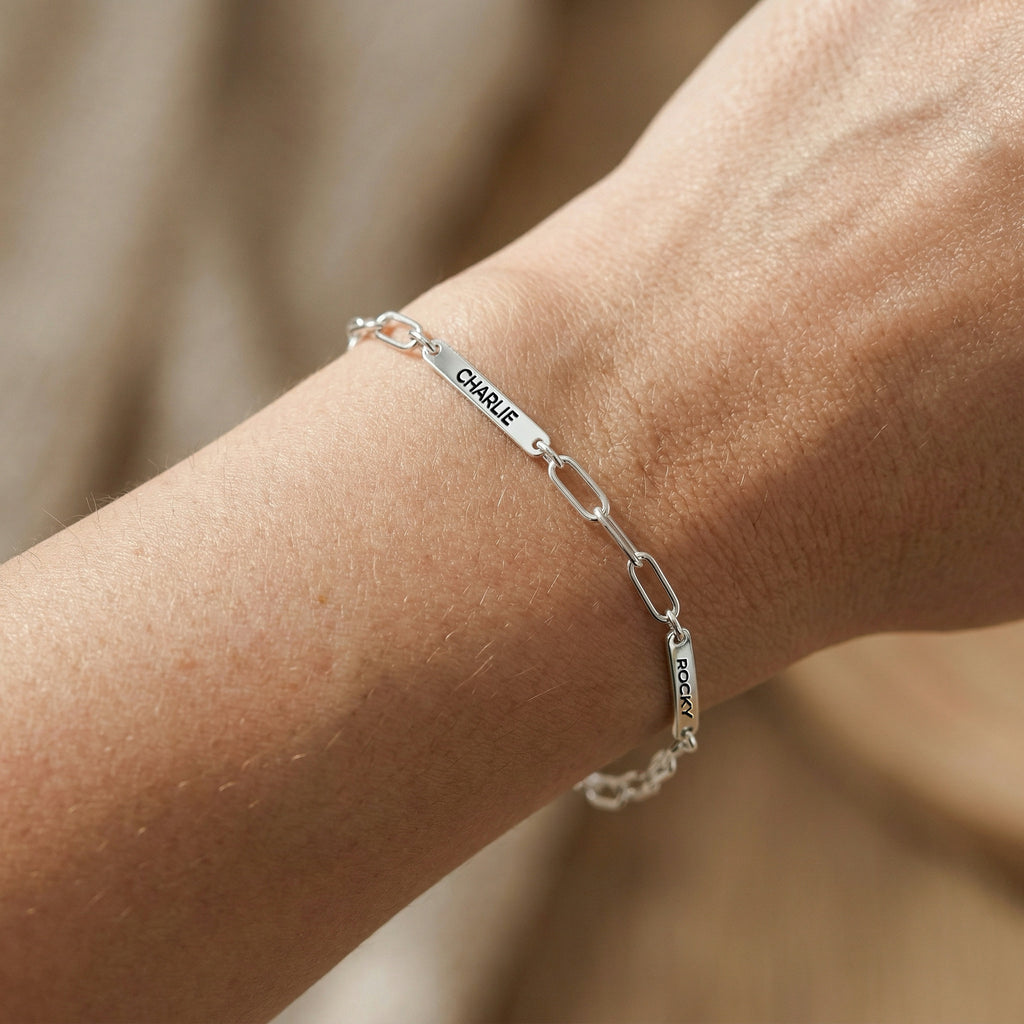 Silver rhodium paperclip chain pet name bracelet with engraved name bars worn on a wrist indoors