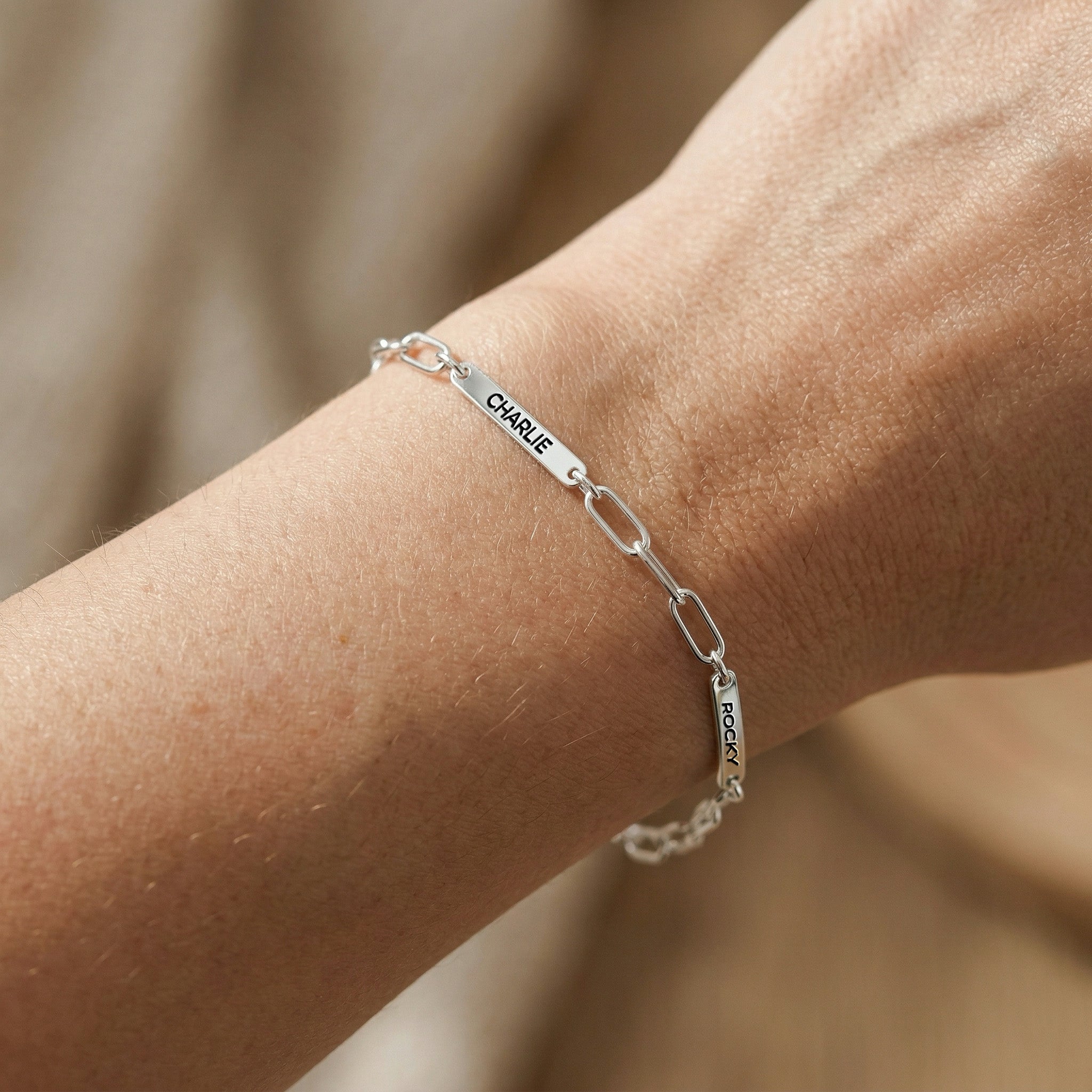 Silver rhodium paperclip chain pet name bracelet with engraved name bars worn on a wrist indoors