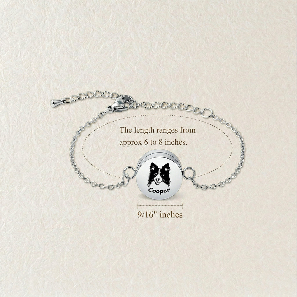 Rhodium silver pet locket bracelet size diagram with 15mm disc and adjustable chain measurements