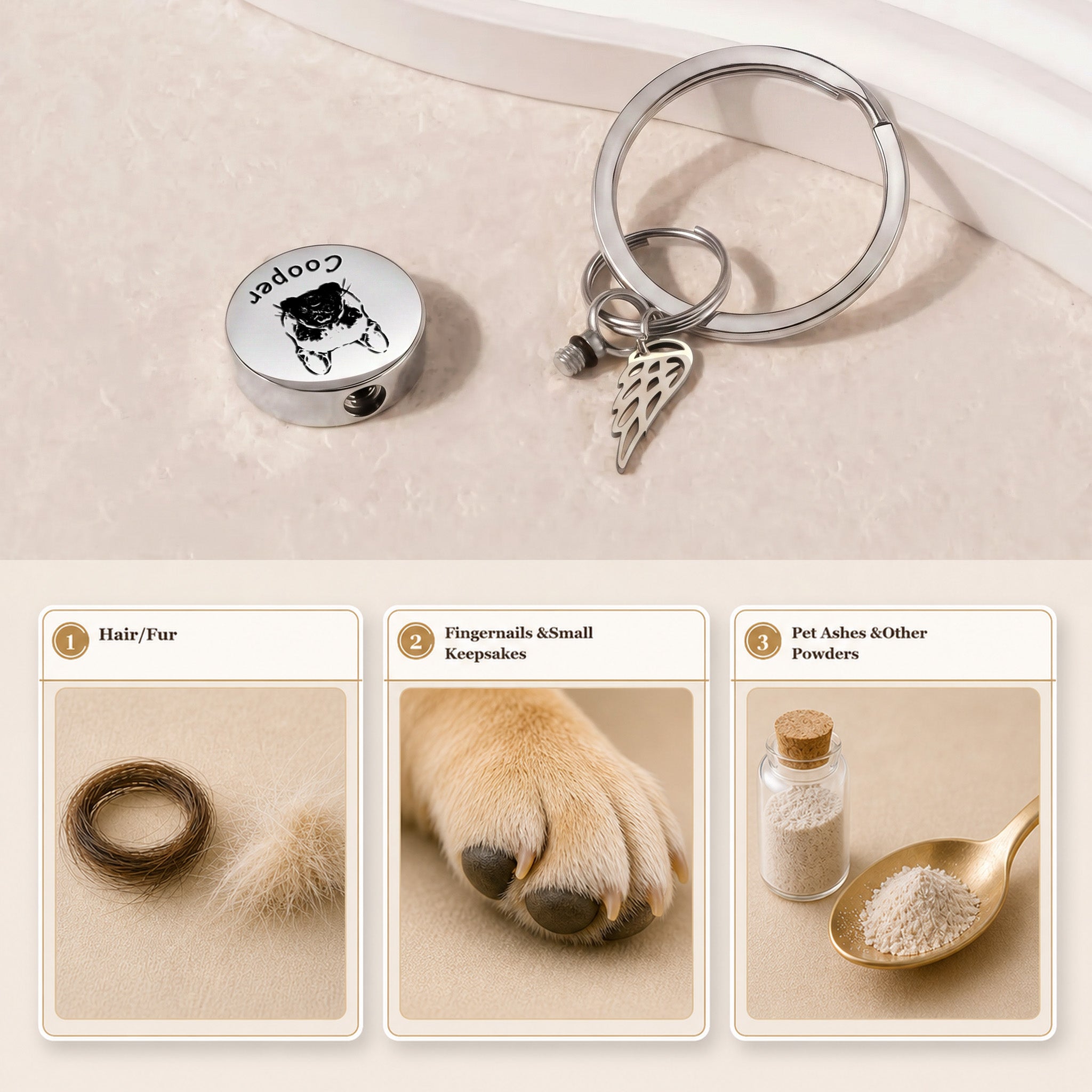 Rhodium-plated pet cremation disc keychain shown with the screw-top disc opened, beside labeled keepsake-material reference cards demonstrating the inner chamber for hair, fur, keepsakes, or ashes-powders