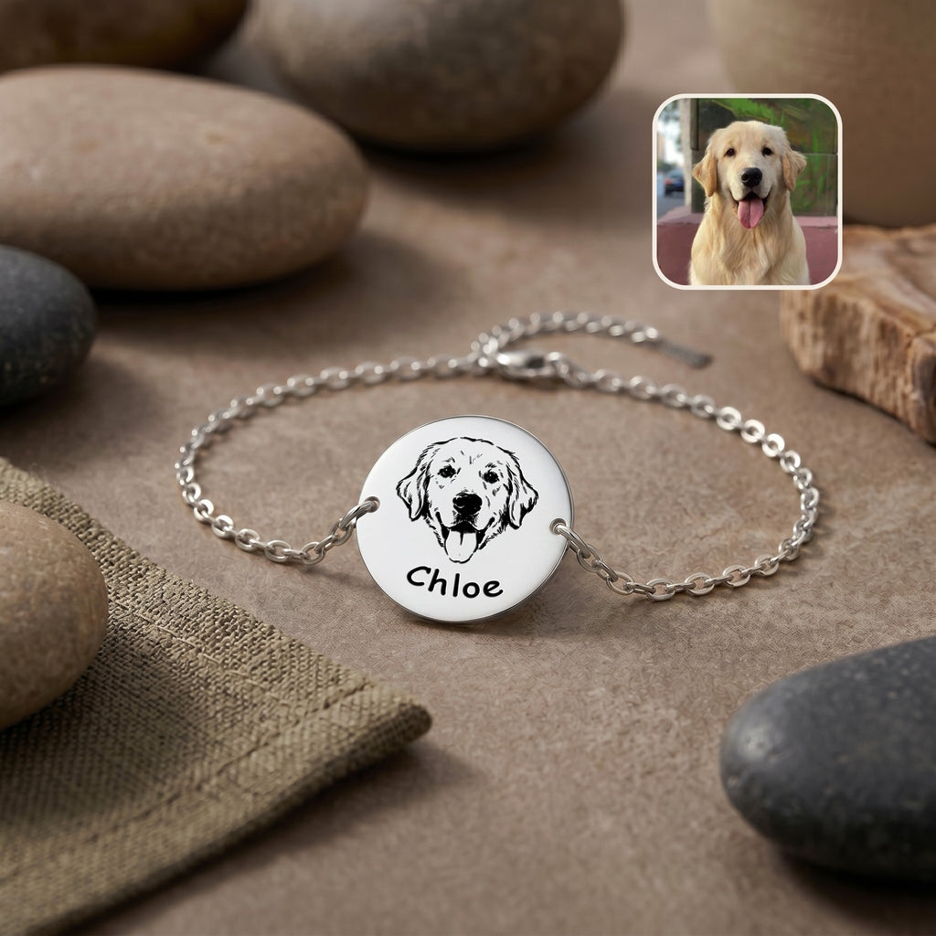 Rhodium pet portrait chain bracelet flat lay on stone surface, hand-drawn golden retriever portrait on disc, with inset pet photo