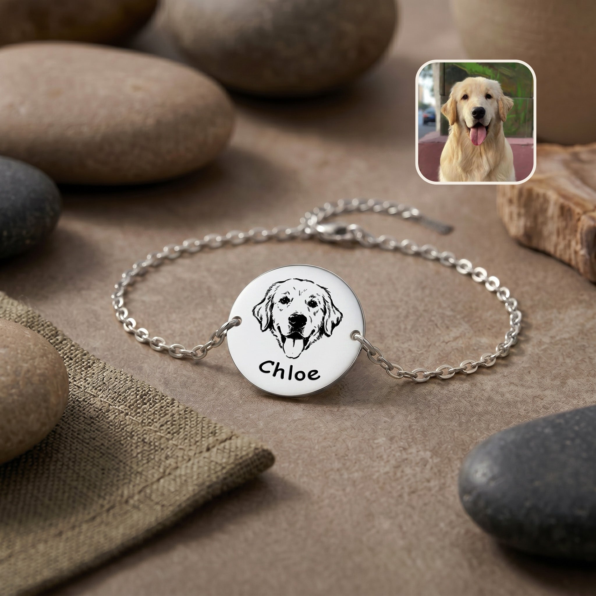 Rhodium pet portrait chain bracelet flat lay on stone surface, hand-drawn golden retriever portrait on disc, with inset pet photo