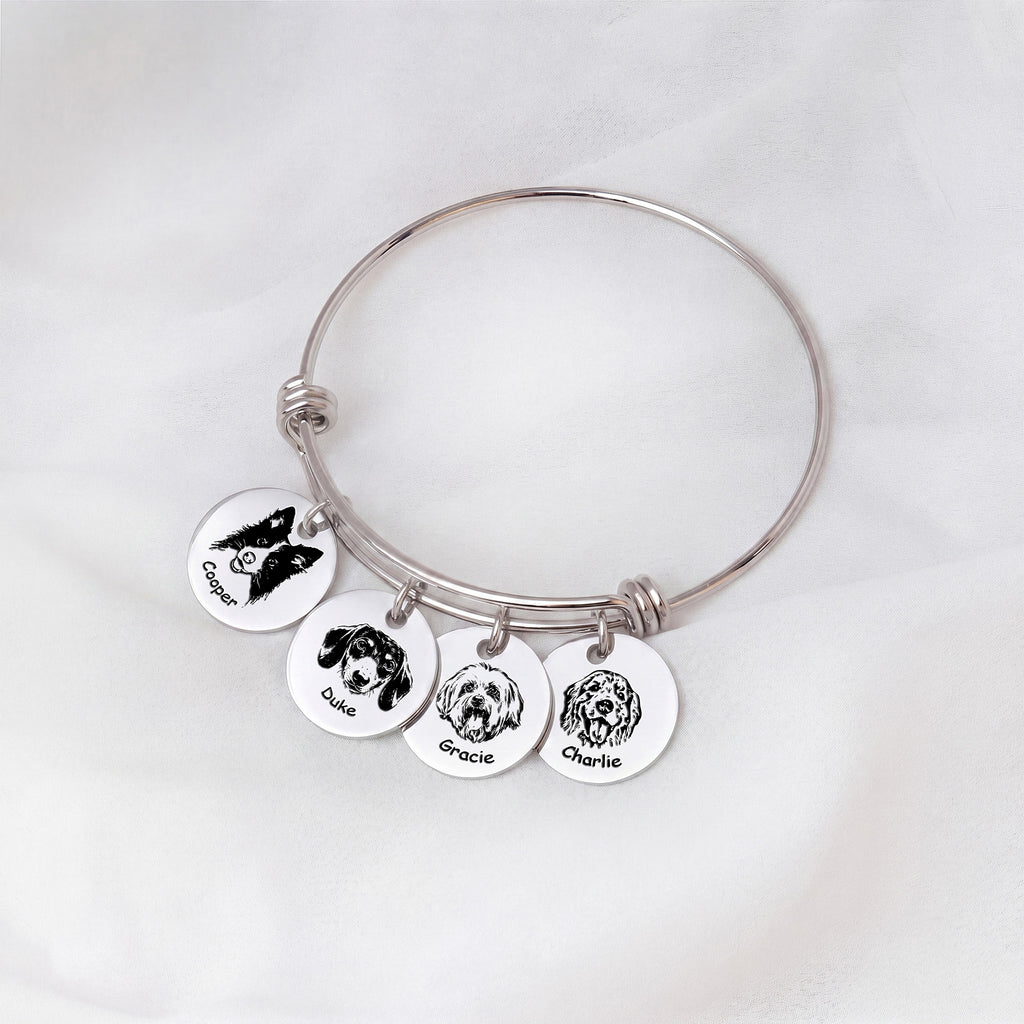 Rhodium silver multi-pet wire bracelet with four engraved disc charms