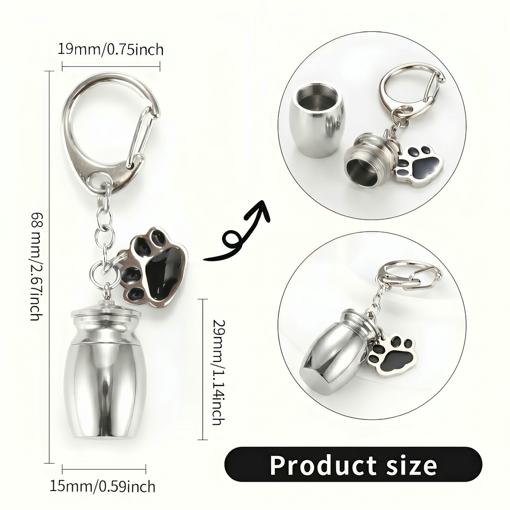 Dimension chart for the rhodium pet urn keychain with measurements and detail callouts (29 mm × 15 mm capsule body, 68 mm overall length, 19 mm clasp opening)