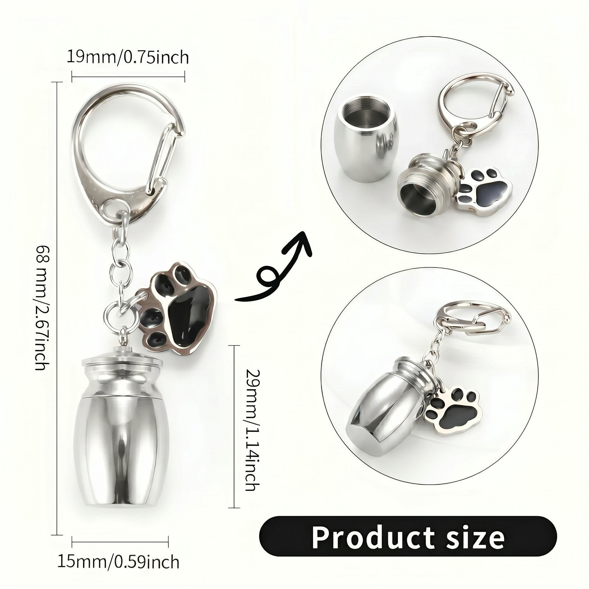 Dimension chart for the rhodium pet urn keychain with measurements and detail callouts (29 mm × 15 mm capsule body, 68 mm overall length, 19 mm clasp opening)