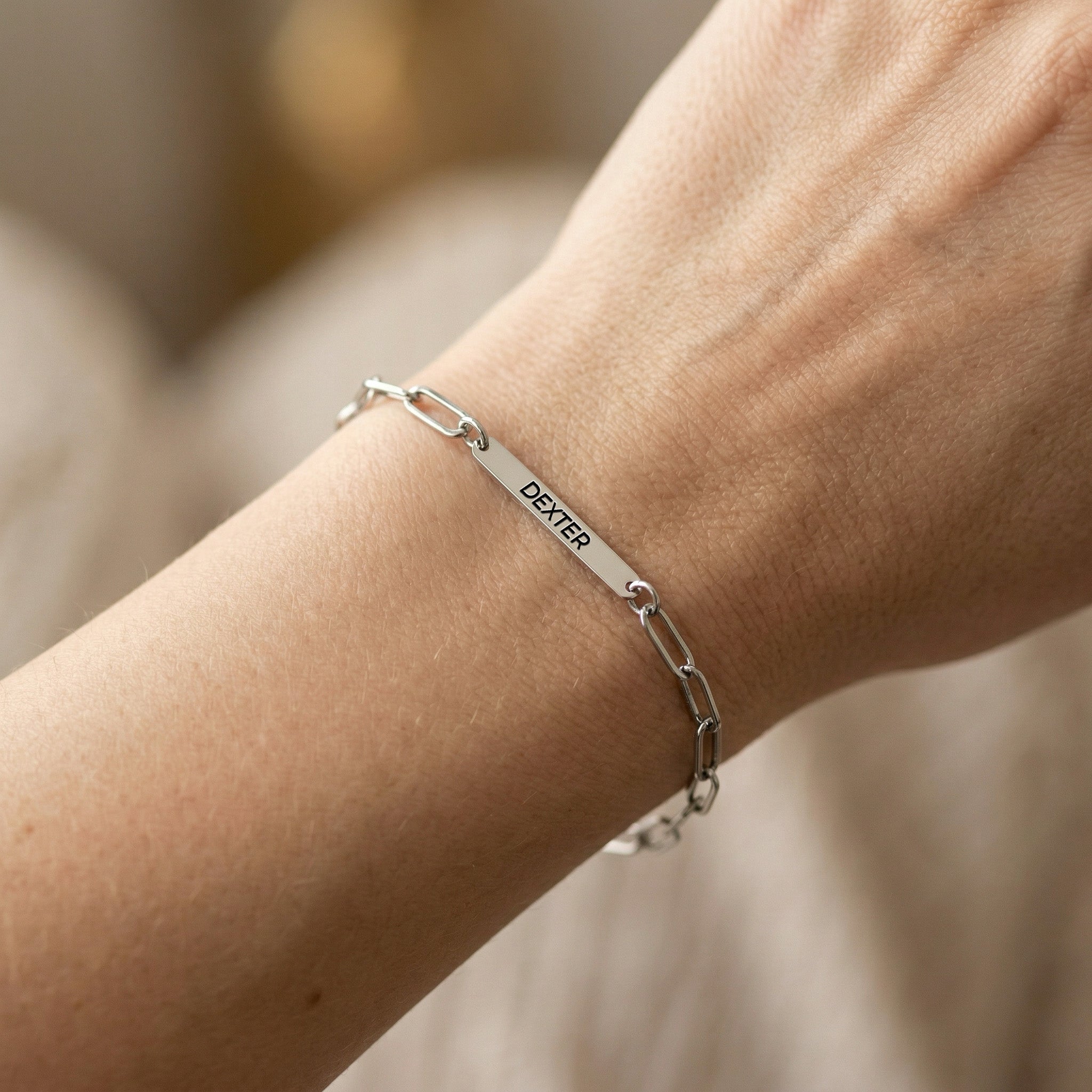 Silver rhodium paperclip chain pet name bracelet with a single engraved name bar worn on a wrist