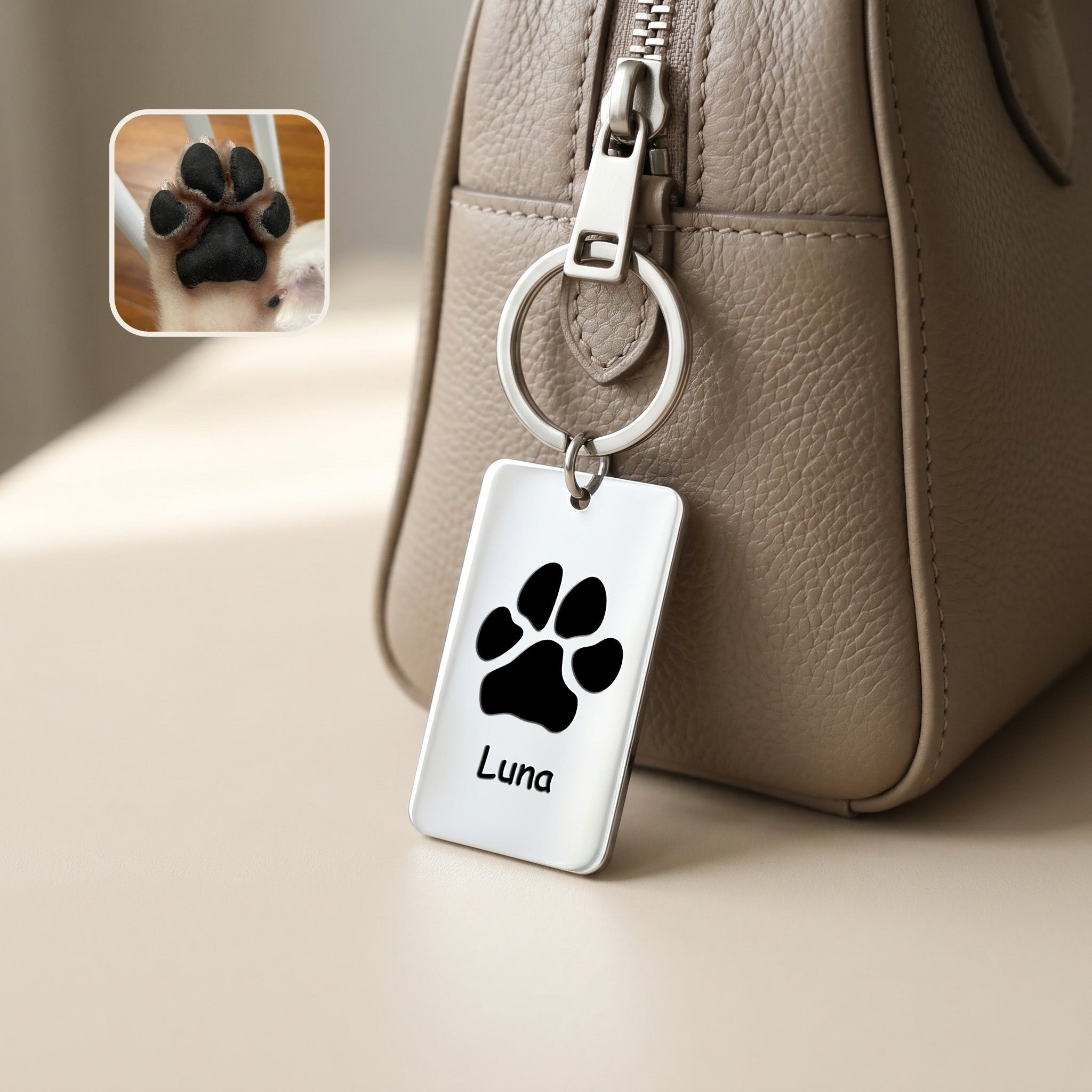 Rhodium plate keychain clipped to a taupe handbag zipper, paw print motif and name 'Luna' engraved on the rectangular plate