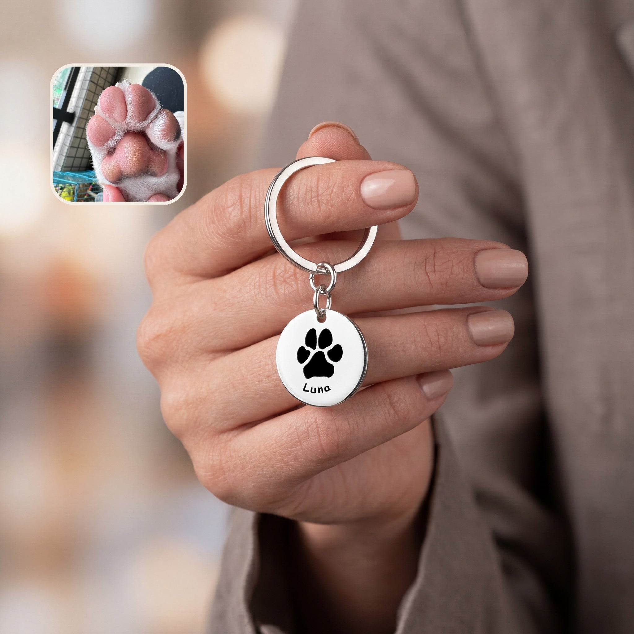 Rhodium pet keychain disc with an engraved paw print and the pet name Luna in script, pet paw photo reference inset