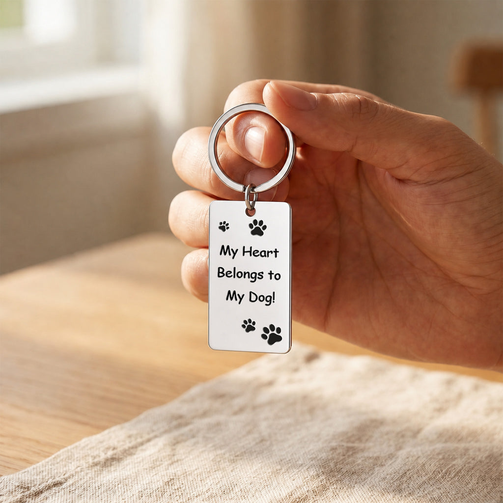Hand holding a rhodium plate keychain in warm indoor light, text and paw print motif engraved on the rectangular steel plate