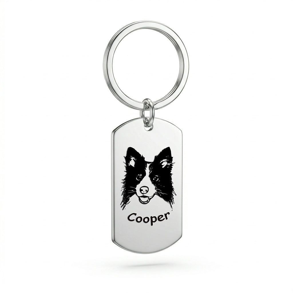Rhodium plated pet portrait dog tag keychain isolate on pure white, hand-drawn engraving detail